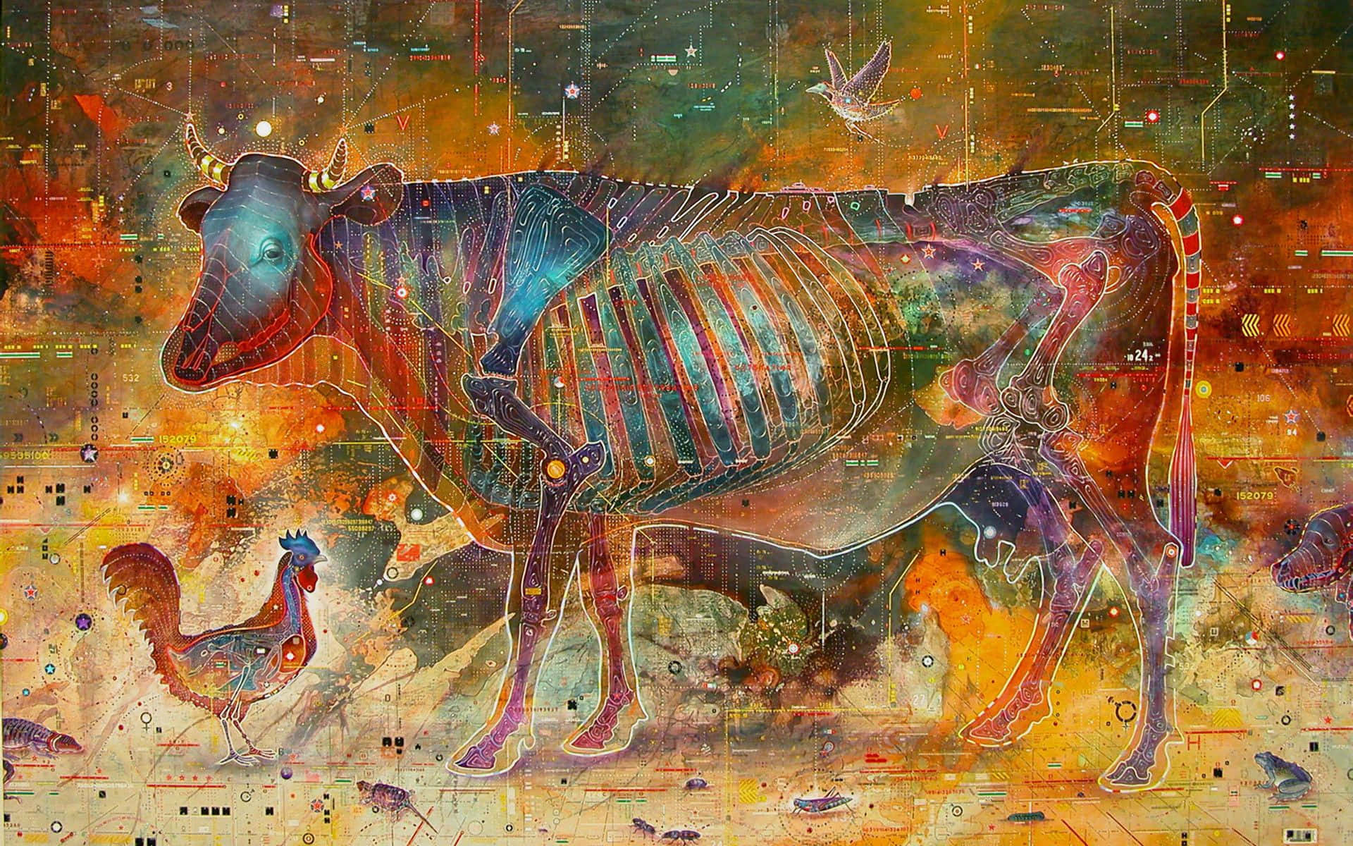 cow, glowing skeletal structure, birds, Full HD Desktop Wallpaper