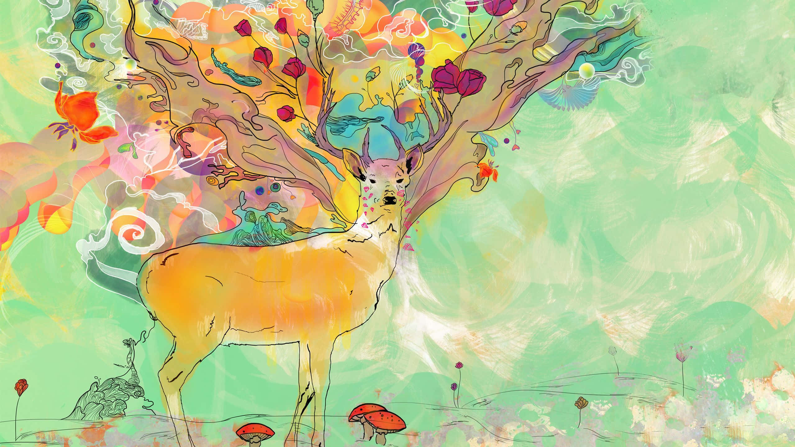 whimsical deer, tree-like antlers, colorful flowers, 2K Desktop Wallpaper