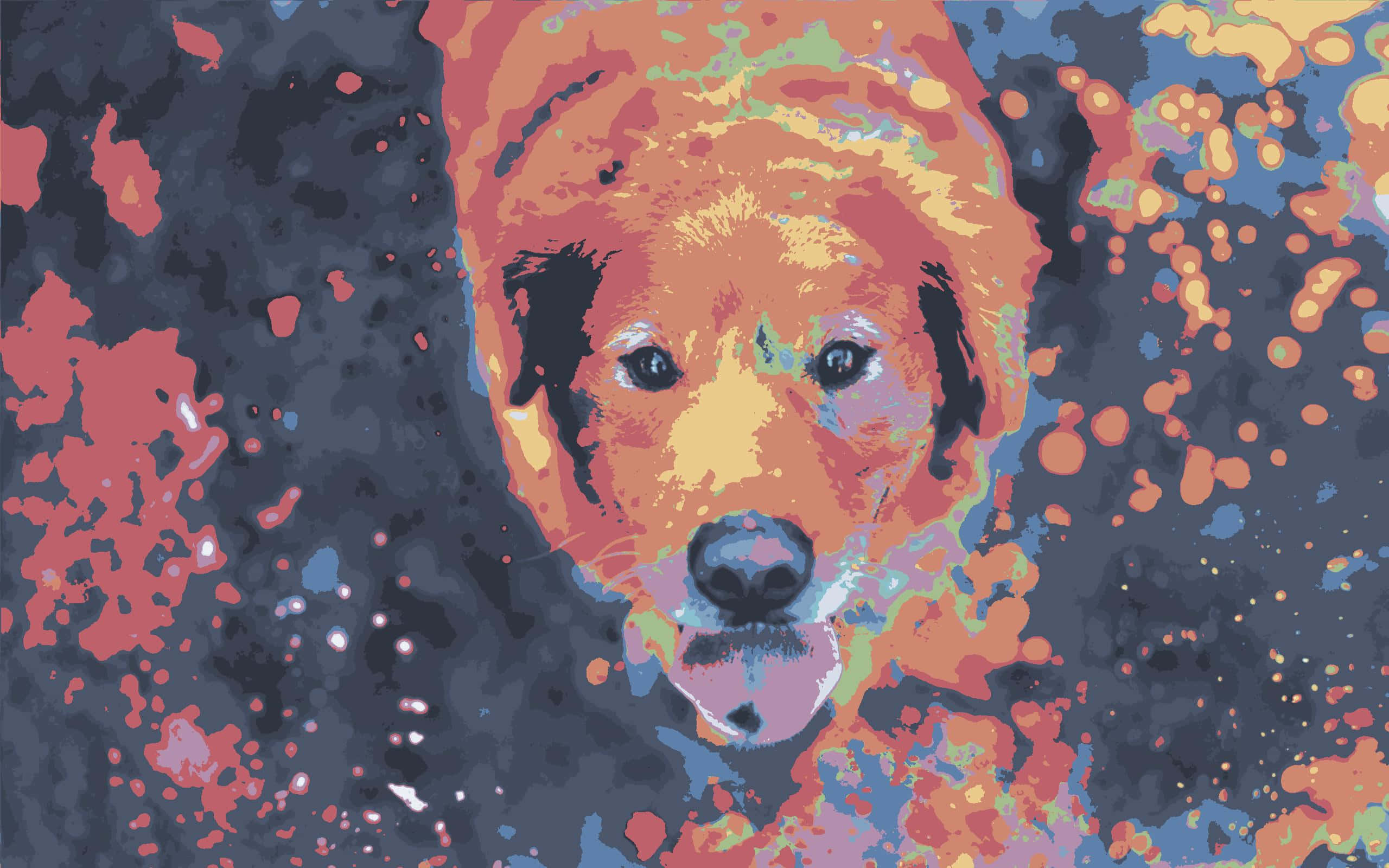 golden retriever, vibrant abstract background, splattered orange pink and blue paint, 2K Desktop Wallpaper