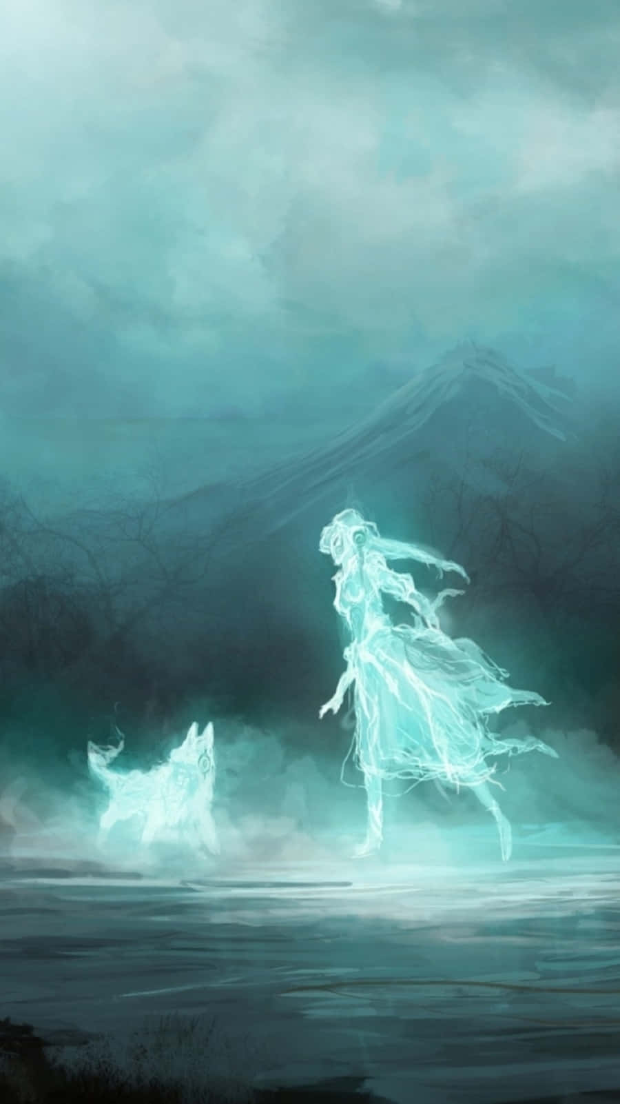 Ethereal Ghost Girland Spectral Dog, glowing ethereal woman, wolf, HD Phone Wallpaper