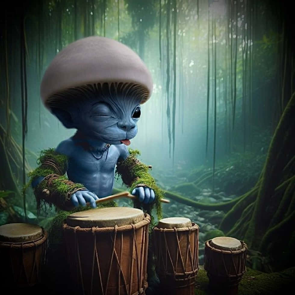 mystical drummer creature, blue-skinned, mushroom cap, SD Desktop Wallpaper