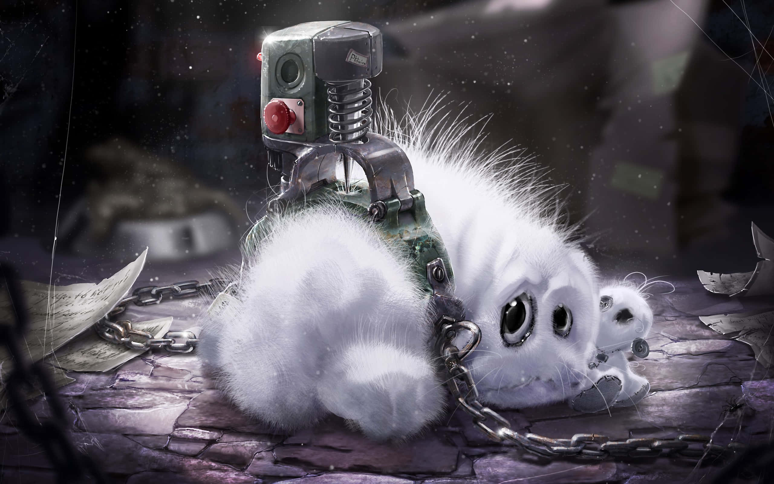 Illicit Animal Treatment, fluffy white creature, large eyes, 2K Desktop Wallpaper