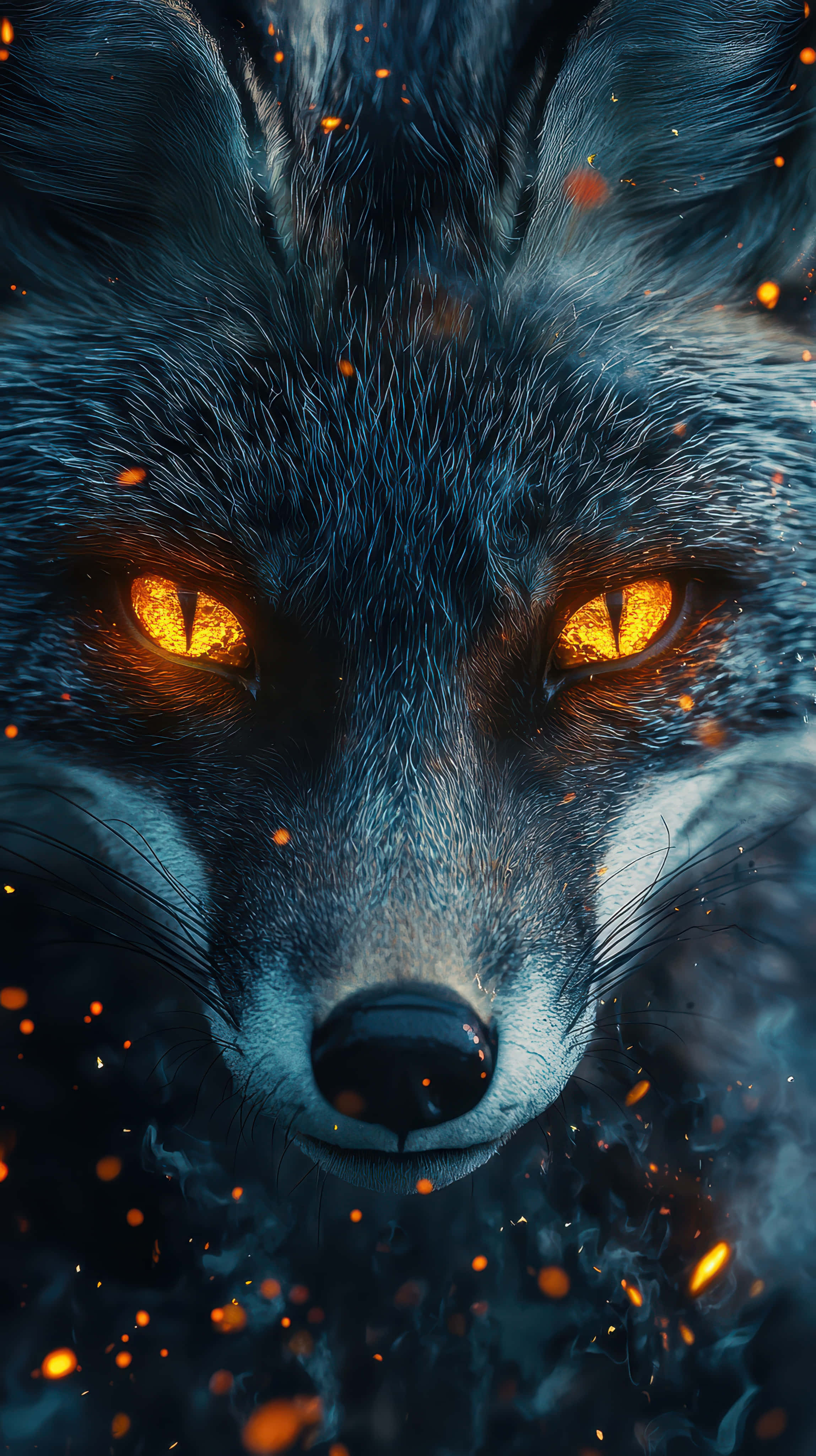 mystical fox, glowing amber eyes, floating embers, 4K Phone Wallpaper