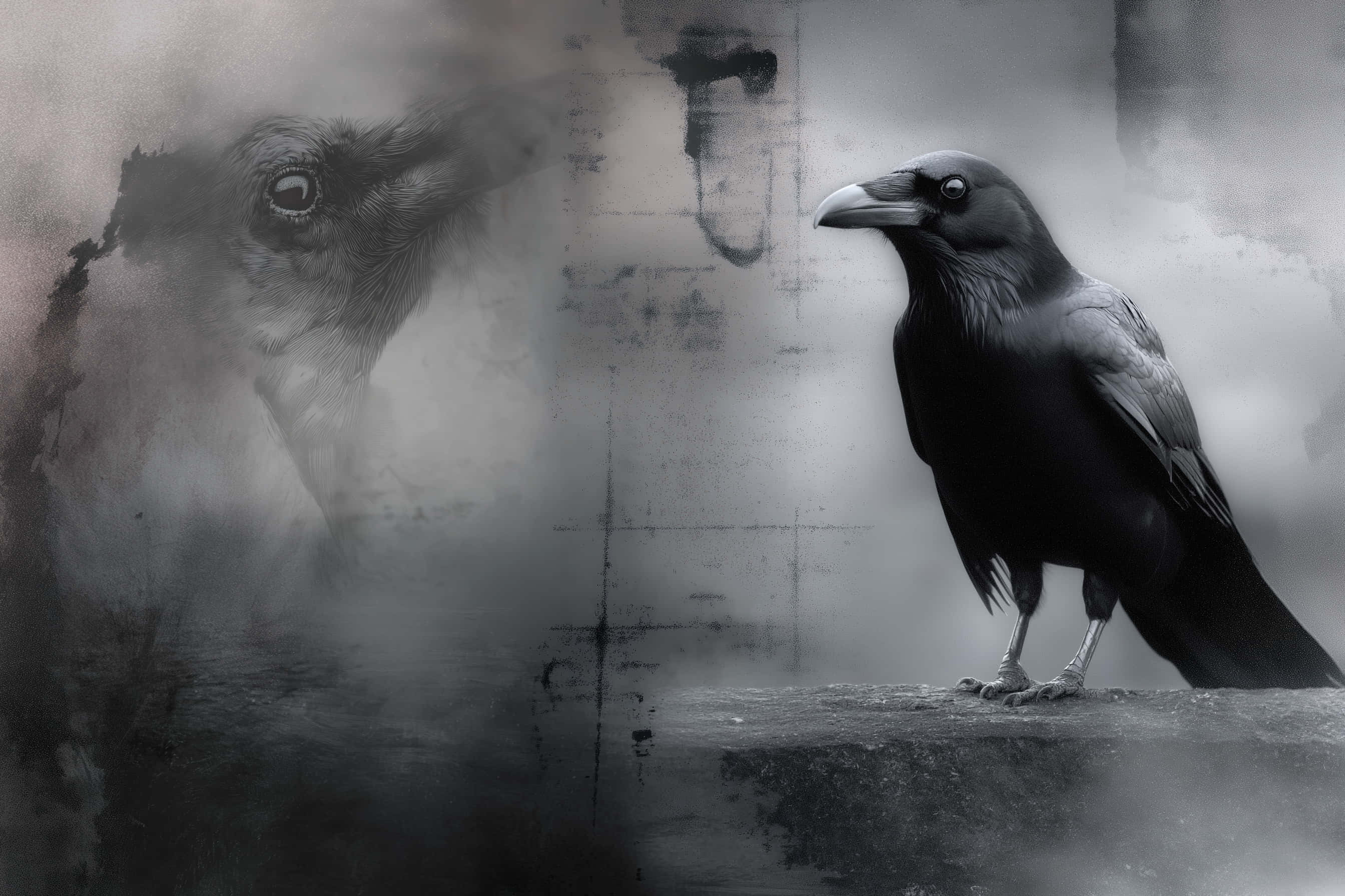 pensive raven, grungy textured backdrop, ghostly translucent crow head, 2K Desktop Wallpaper