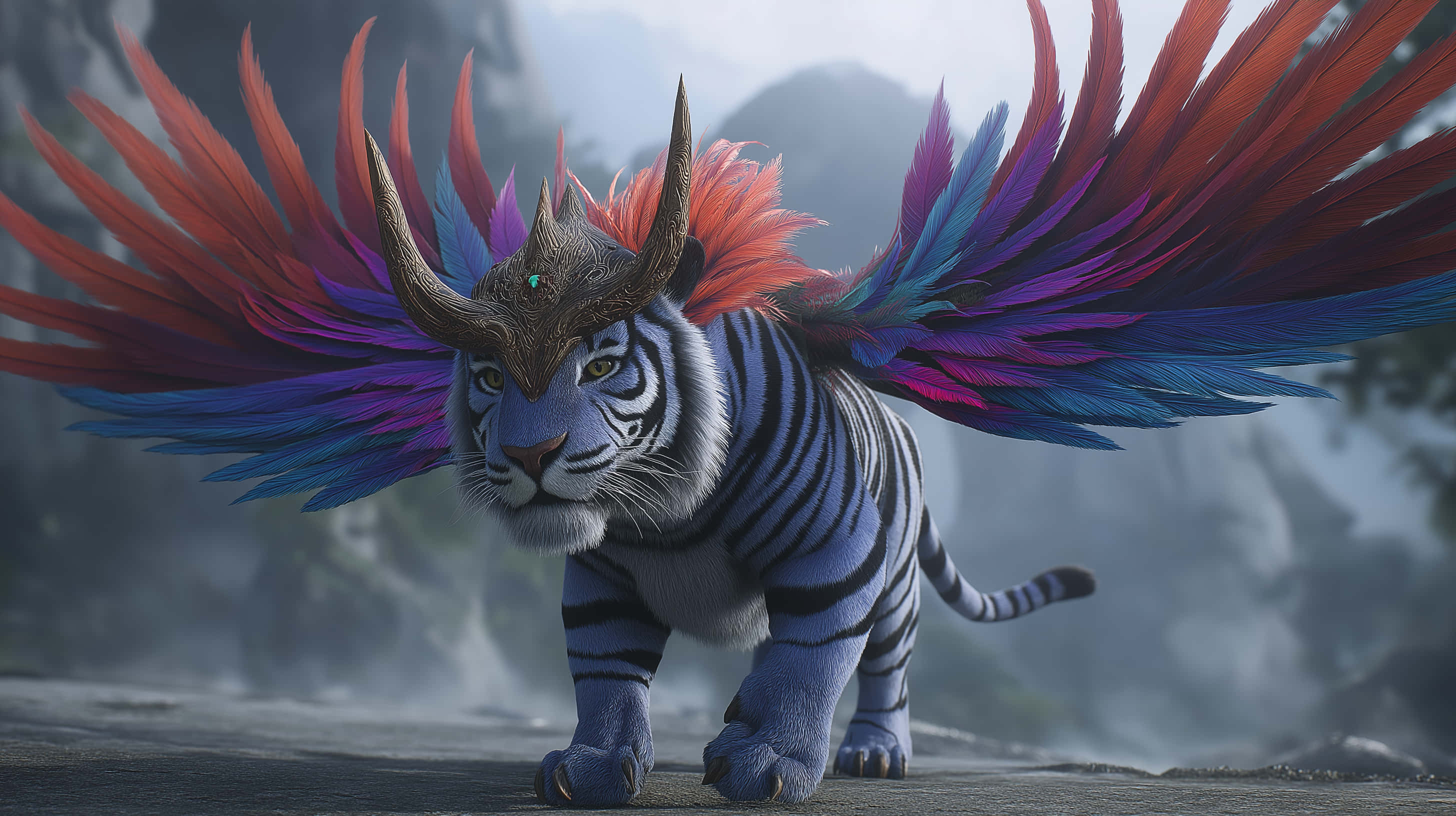 vibrant winged tiger-like beast, ornate horns, blue tiger, 2K Desktop Wallpaper