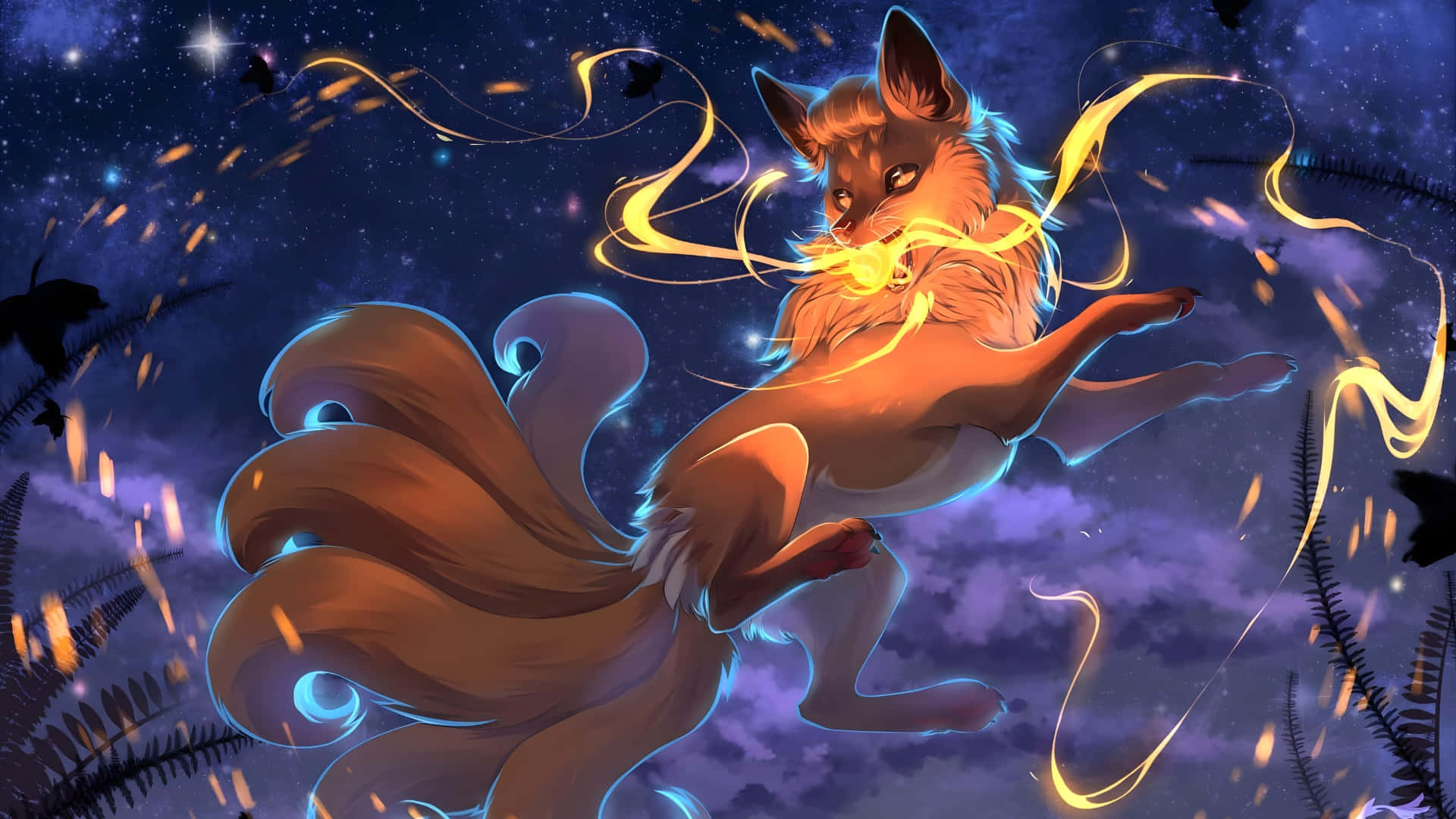 nine-tailed fox, golden energy, starry purple night sky, Full HD Desktop Wallpaper