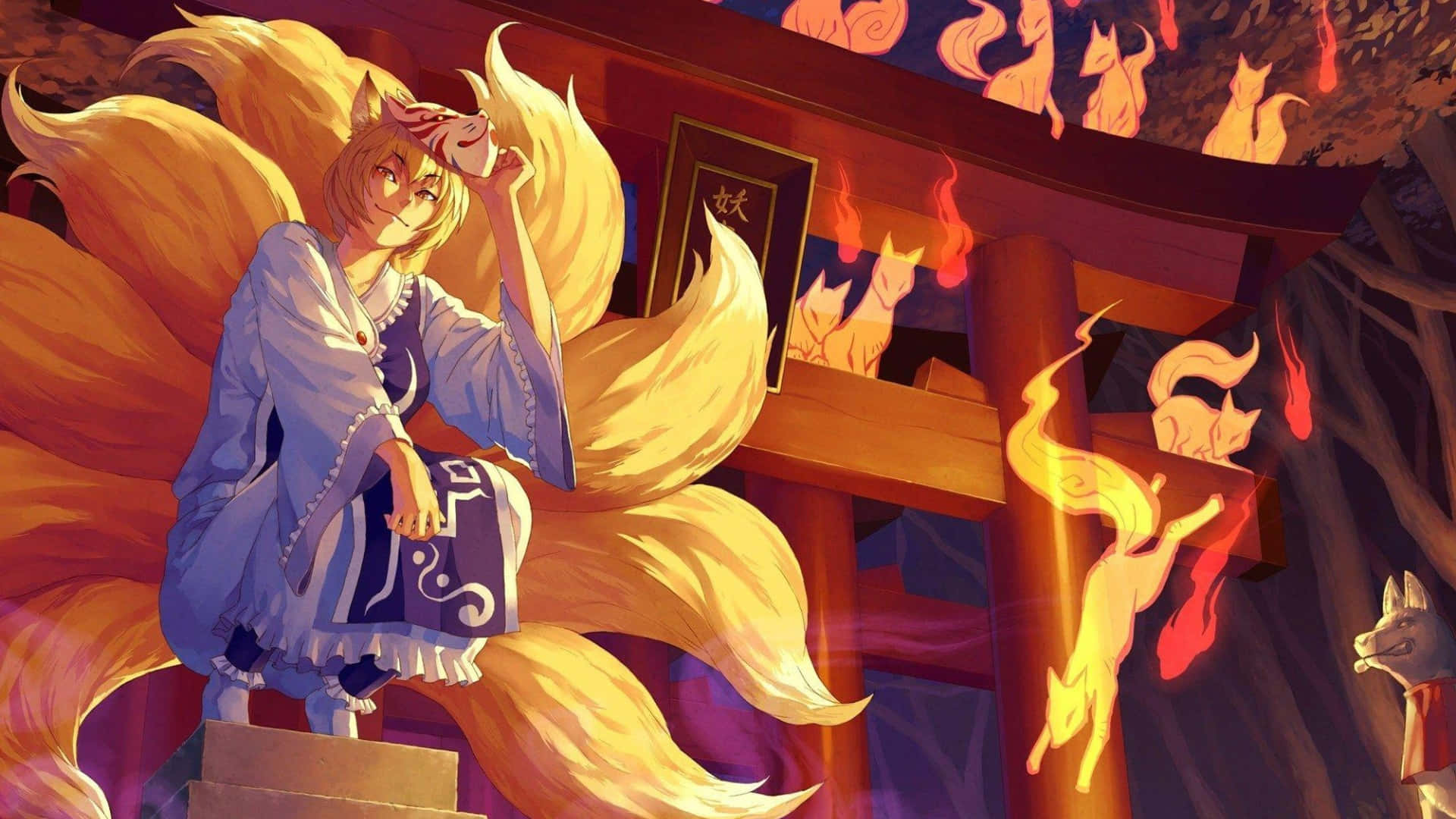 nine-tailed fox spirit, blue kimono, shrine torii gate, Full HD Desktop Wallpaper