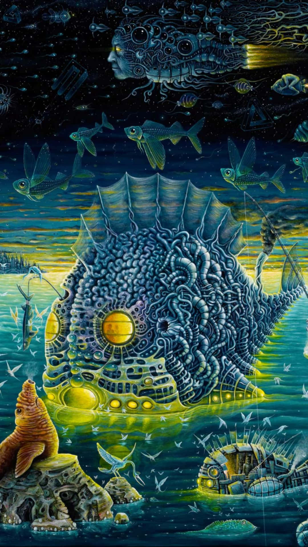 psychedelic art, surreal underwater scene, giant mechanical fish, Full HD Phone Wallpaper