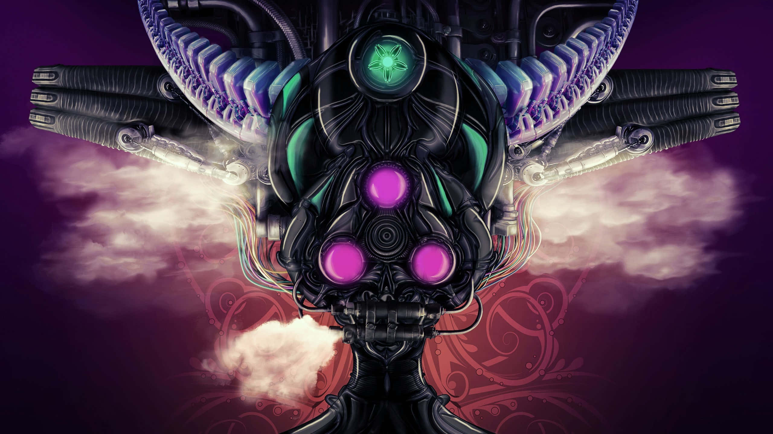 psychedelic art, glowing purple eyes, green core, 2K Desktop Wallpaper
