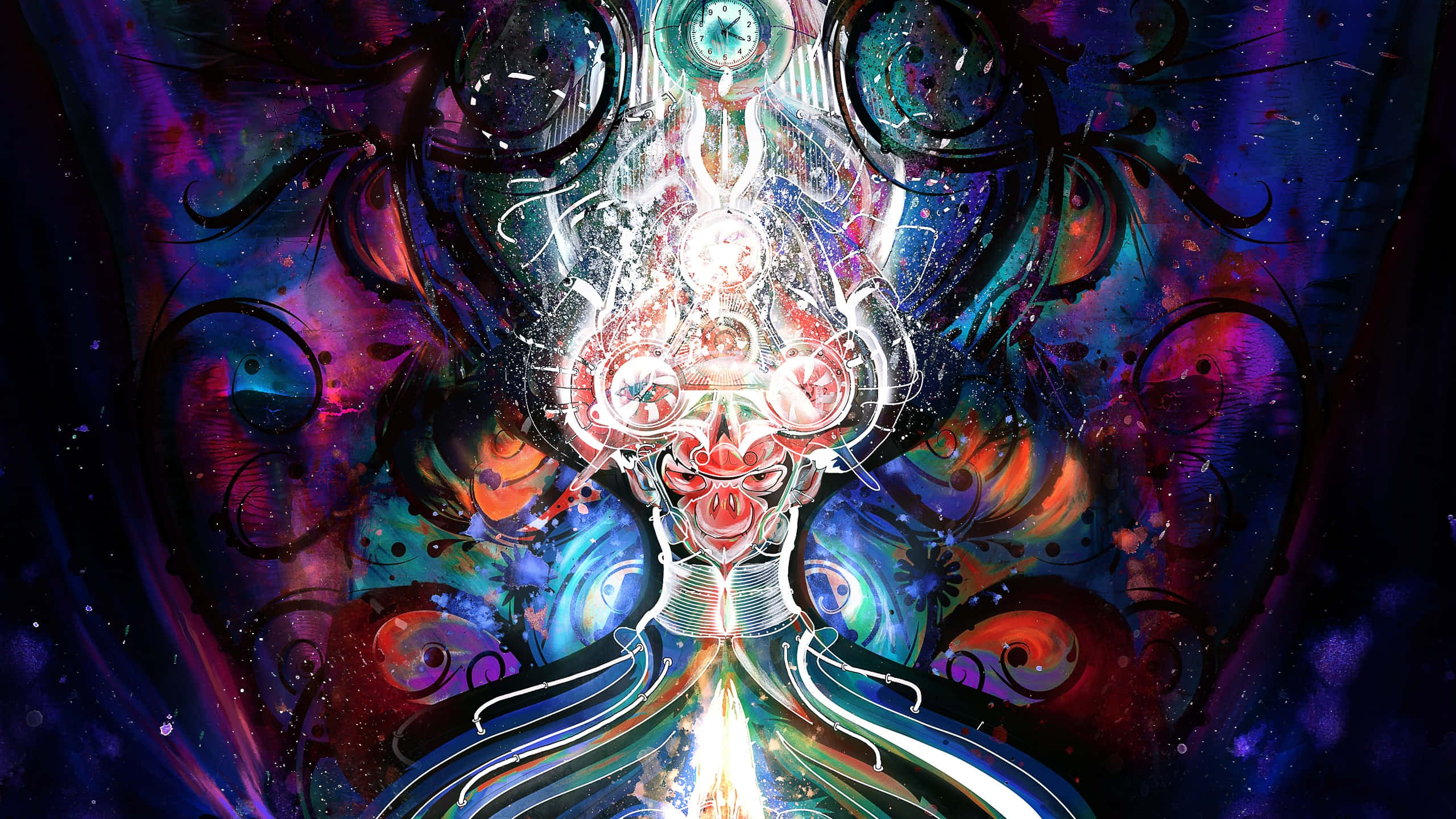 psychedelic art, cosmic digital-art figure, glowing eyes, 2K Desktop Wallpaper