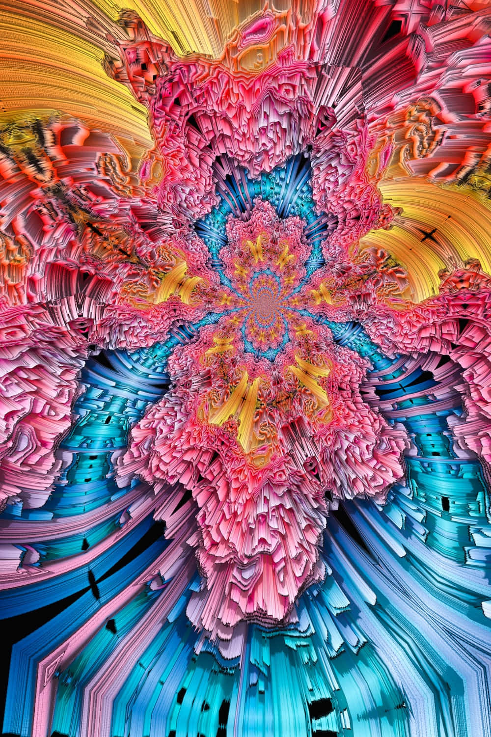 kaleidoscopic fractal explosion, central point, layered pink blue and gold tendrils, HD Phone Wallpaper