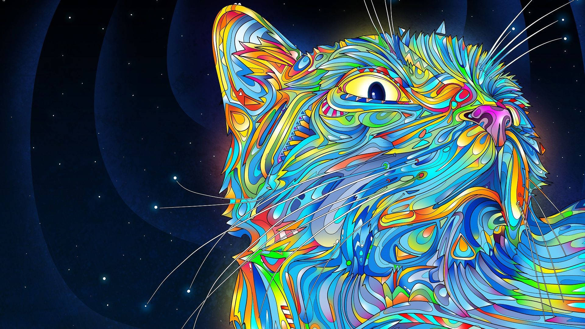 psychedelic cat, swirling rainbow patterns, starry cosmic backdrop, Full HD Desktop Wallpaper