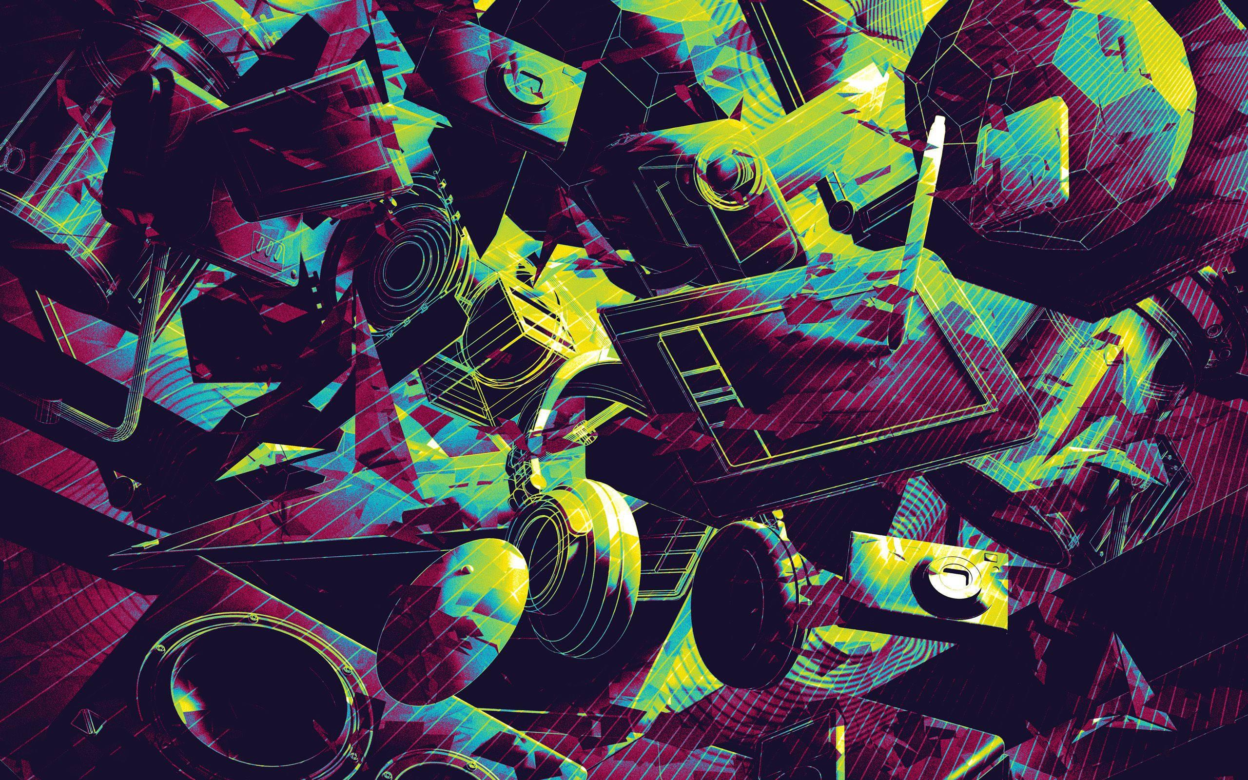 modern digital psychedelic, neon digital art, fragmented retro tech gadgets, 2K Desktop Wallpaper