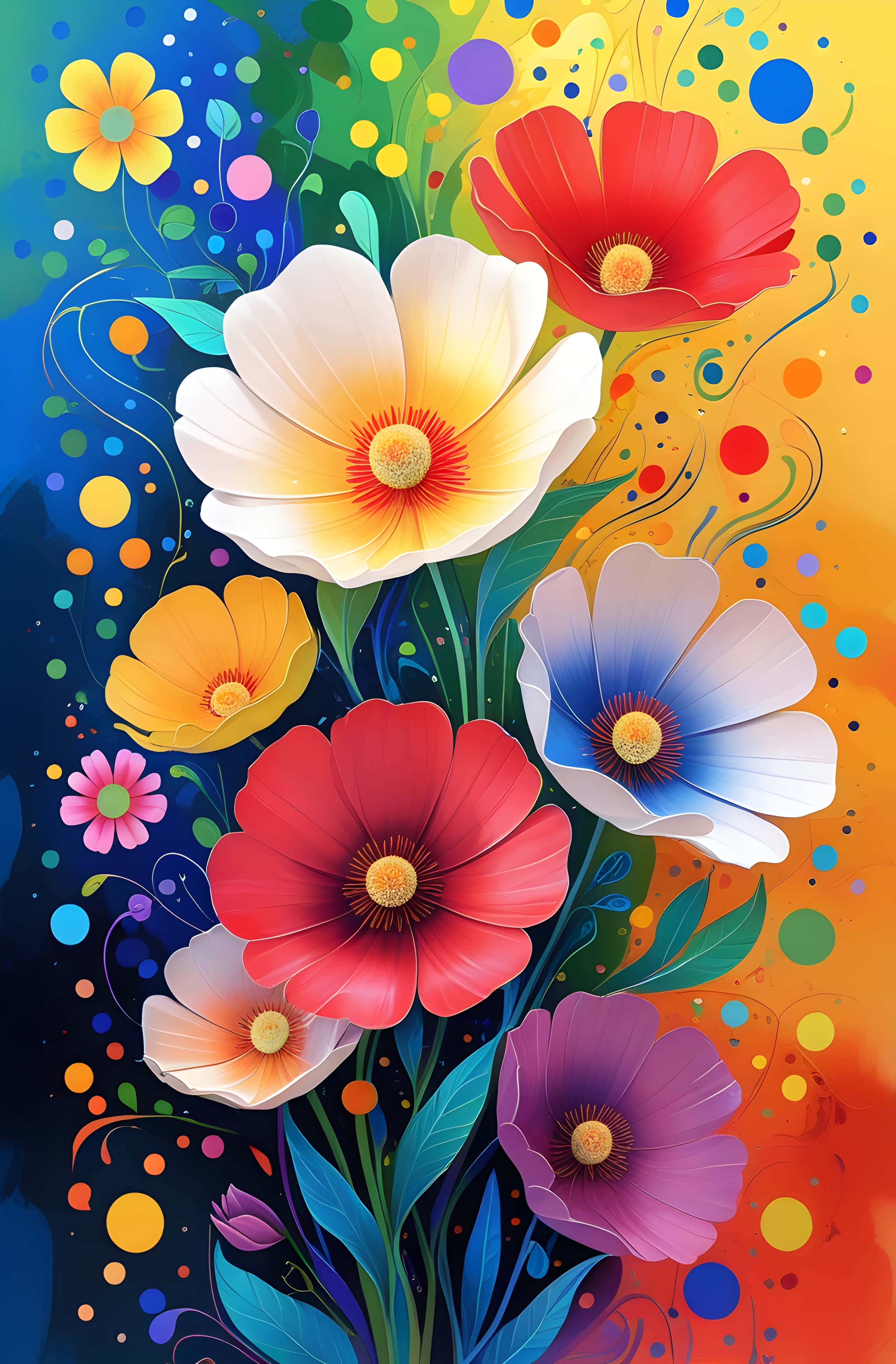 psychedelic flowers, red, yellow, 4K Phone Wallpaper