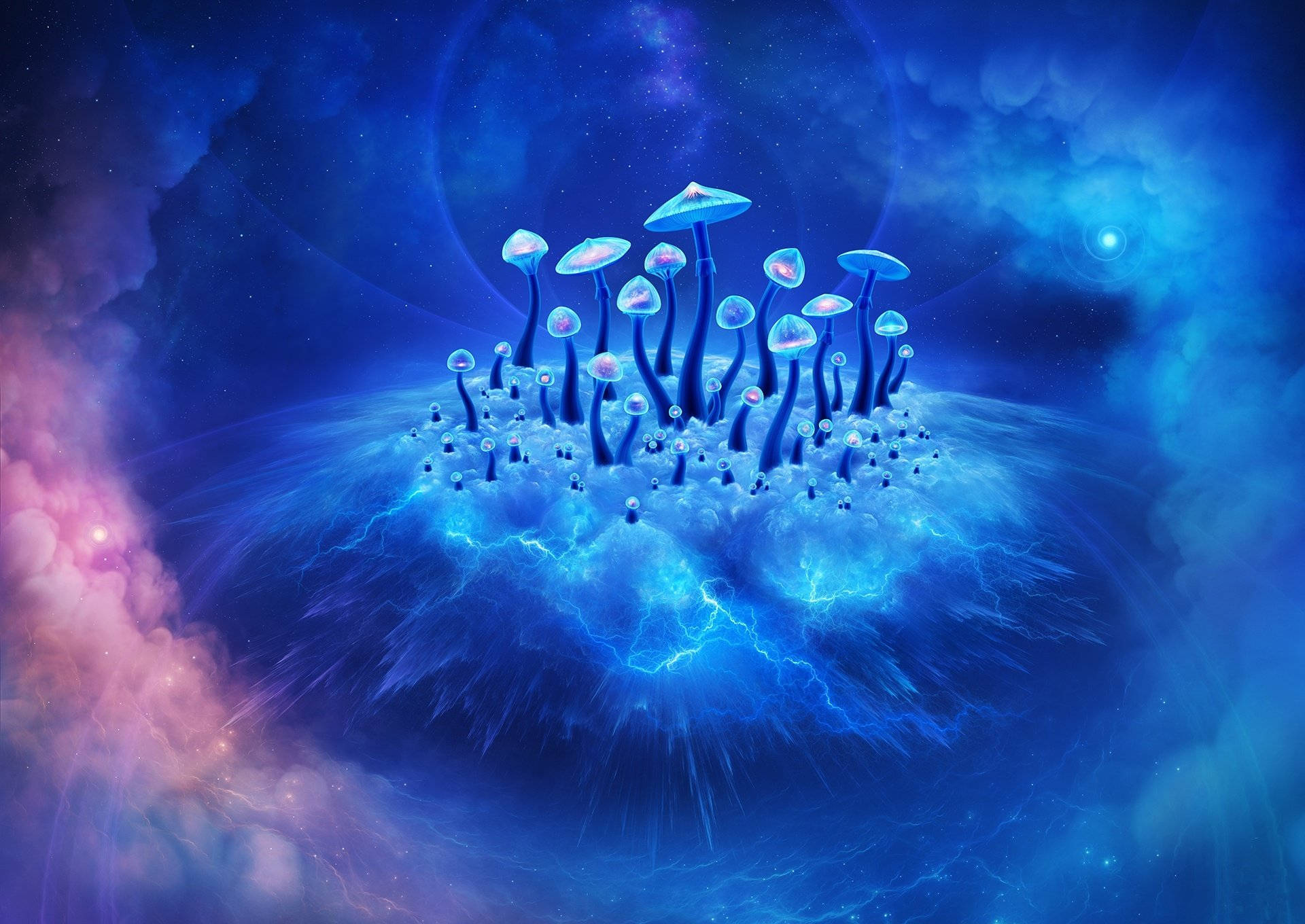 blue mushrooms, psychedelic cloud, cosmic island, Full HD Desktop Wallpaper