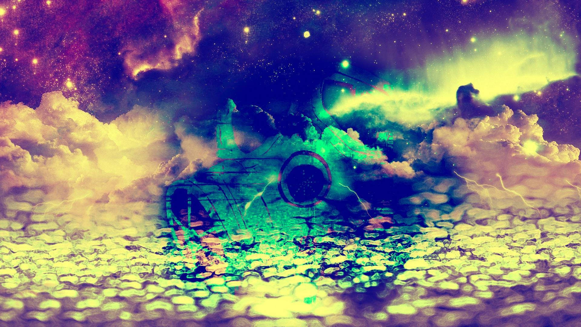 Psychedelic Cloud Galaxy, glowing spaceship, vibrant nebulae, Full HD Desktop Wallpaper