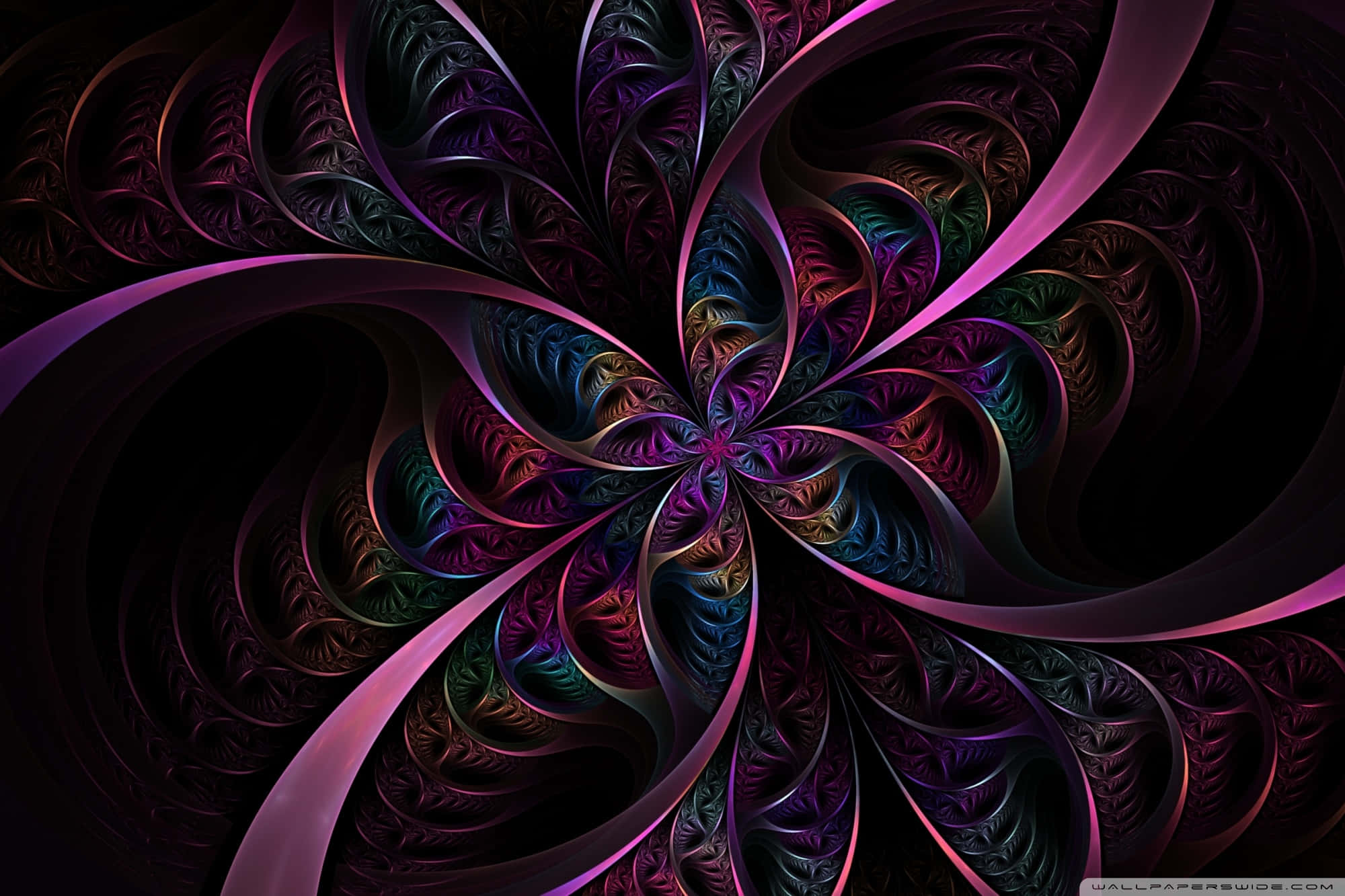 psychedelic colors, fractal flower, purple teal, Full HD Desktop Wallpaper
