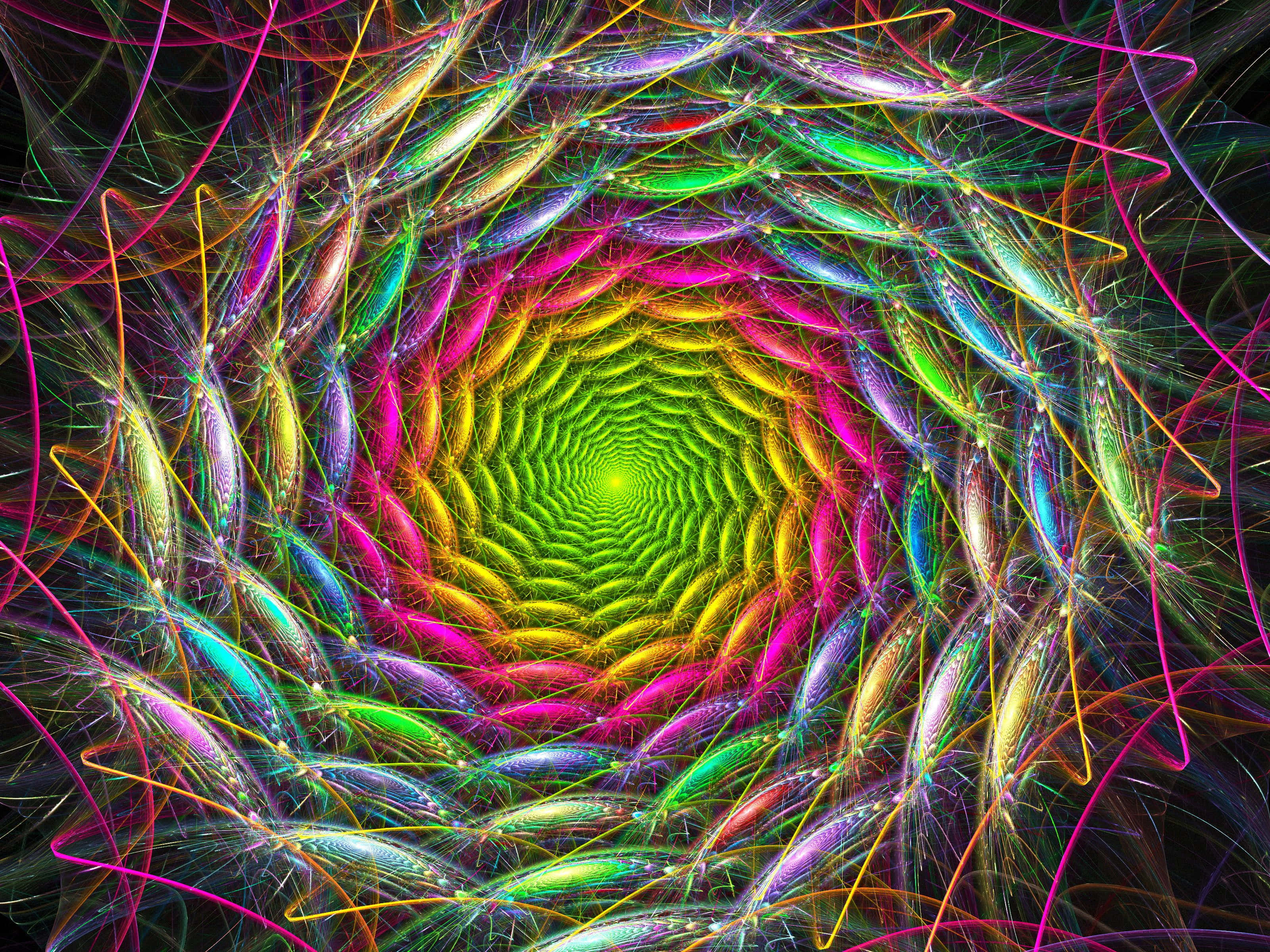 Psychedelic Colors, neon-colored fractal tendrils, radiant green vortex, 2K Desktop Wallpaper
