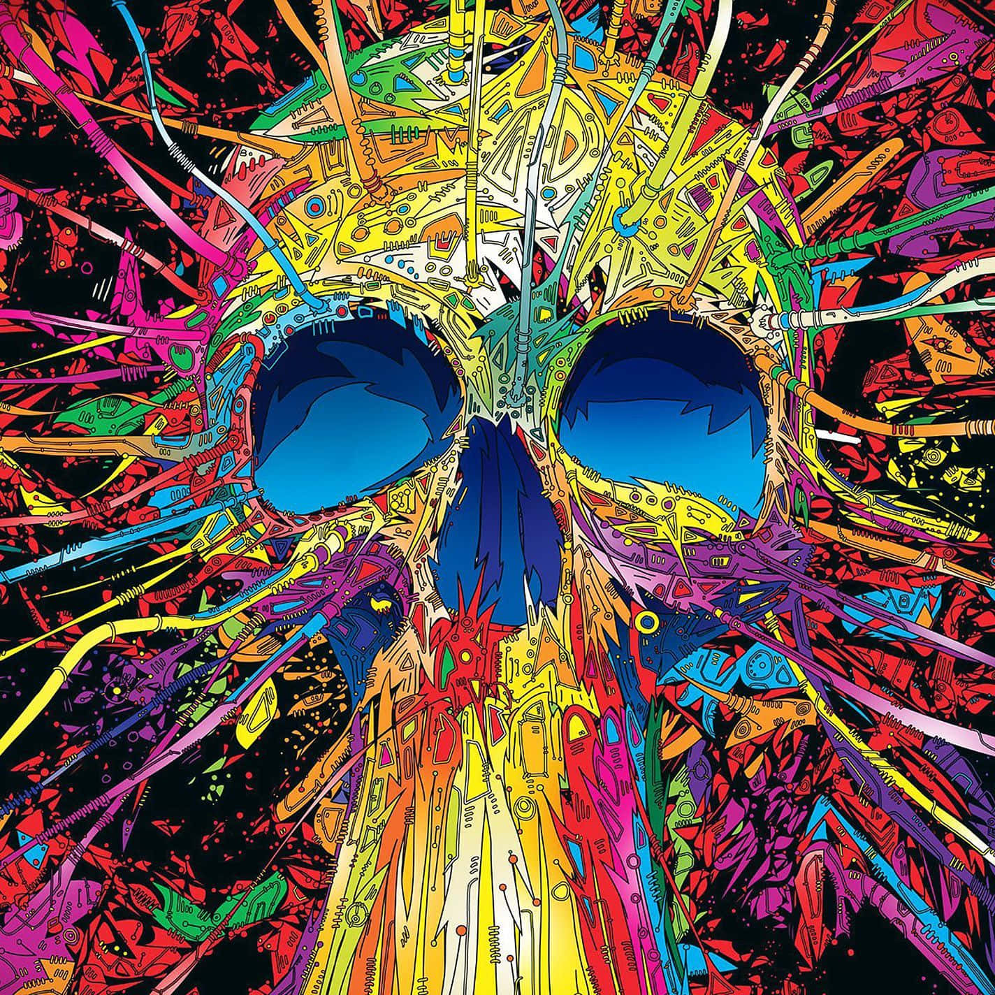 Psychedelic Nature, glowing blue eye sockets, explosive circuitry patterns, HD Desktop Wallpaper