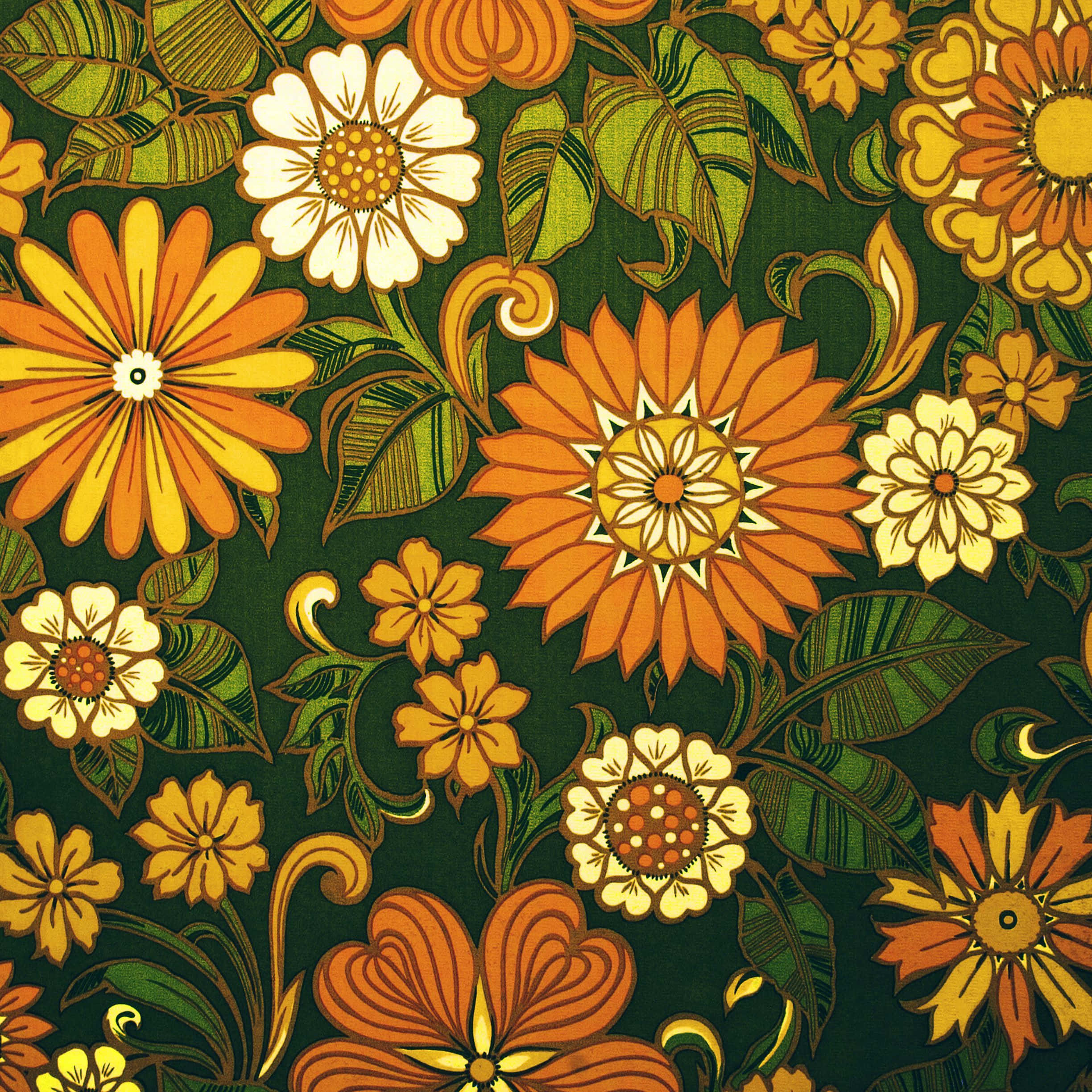 Psychedelic 70s, retro floral pattern, orange yellow, Full HD Desktop Wallpaper