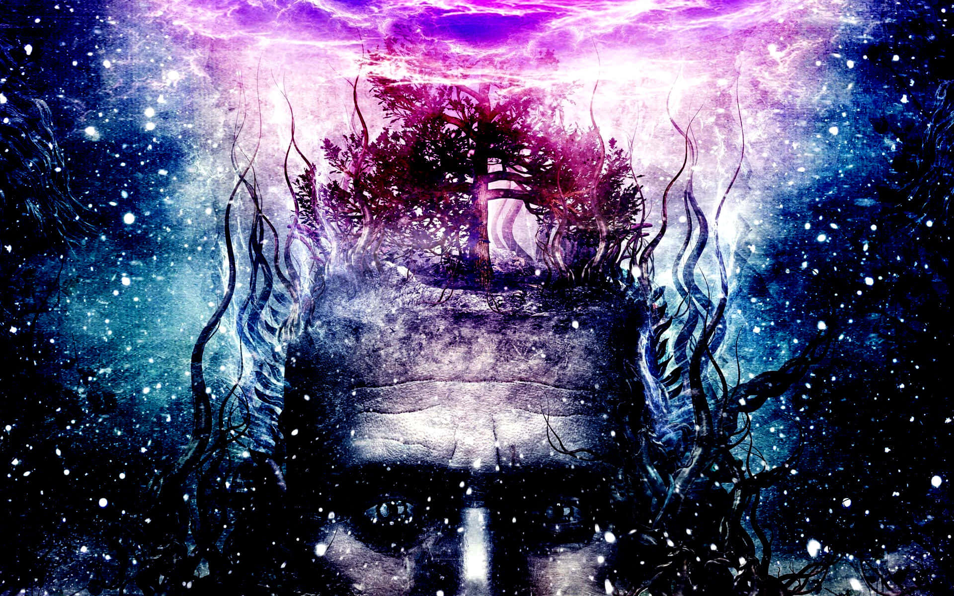 cosmic face, glowing purple eyes, tree growing from forehead, Full HD Desktop Wallpaper