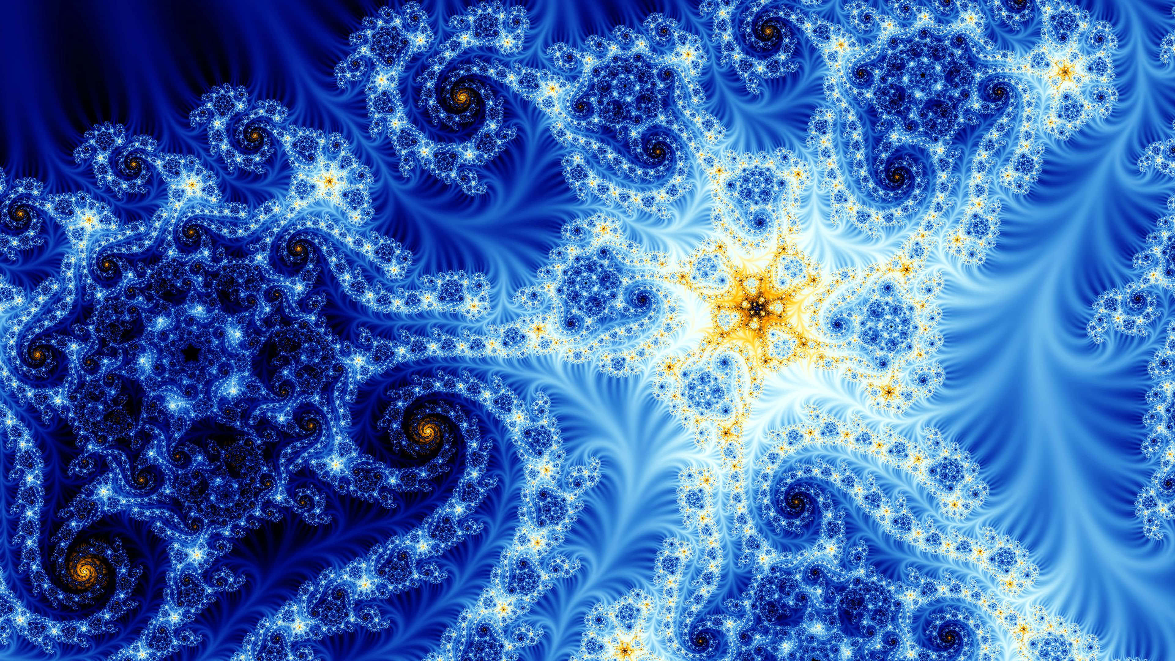 psychedelic fractals, vibrant blue, golden centers, 4K Desktop Wallpaper