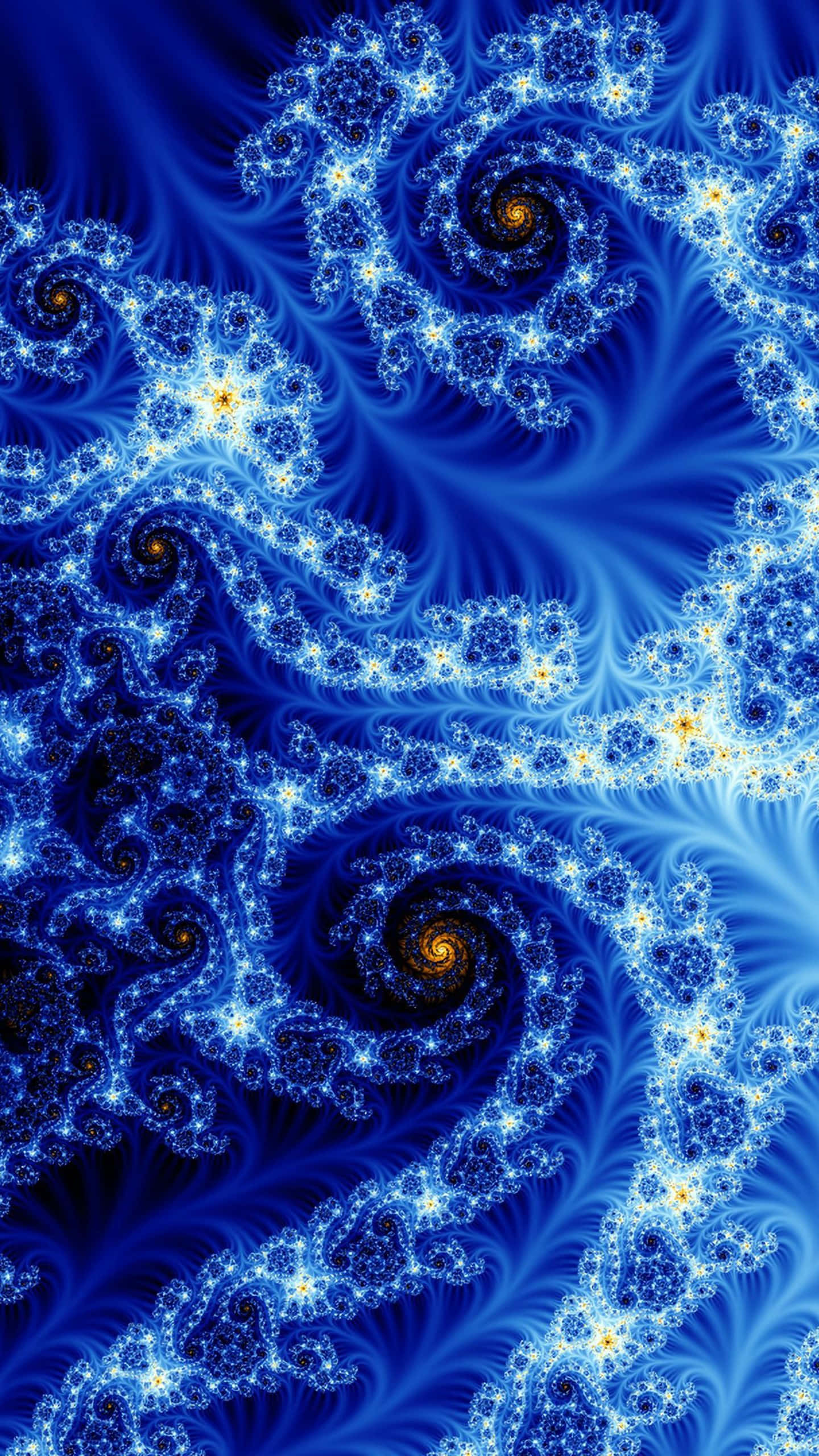 Psychedelic Fractals, vibrant blue, glowing yellow centers, 2K Phone Wallpaper