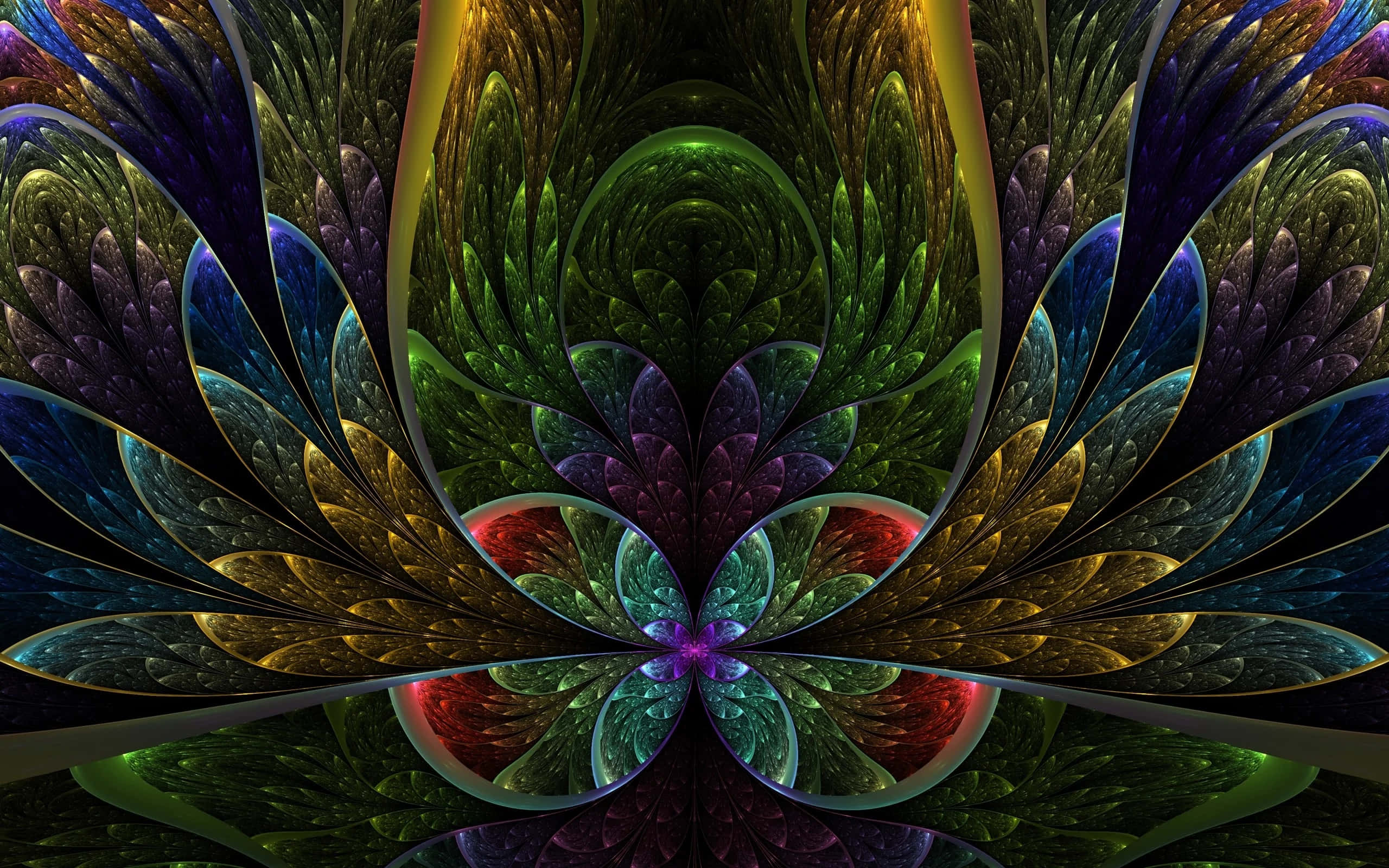 Psychedelic Fractals, green gold blue and purple hues, symmetrical burst, 2K Desktop Wallpaper
