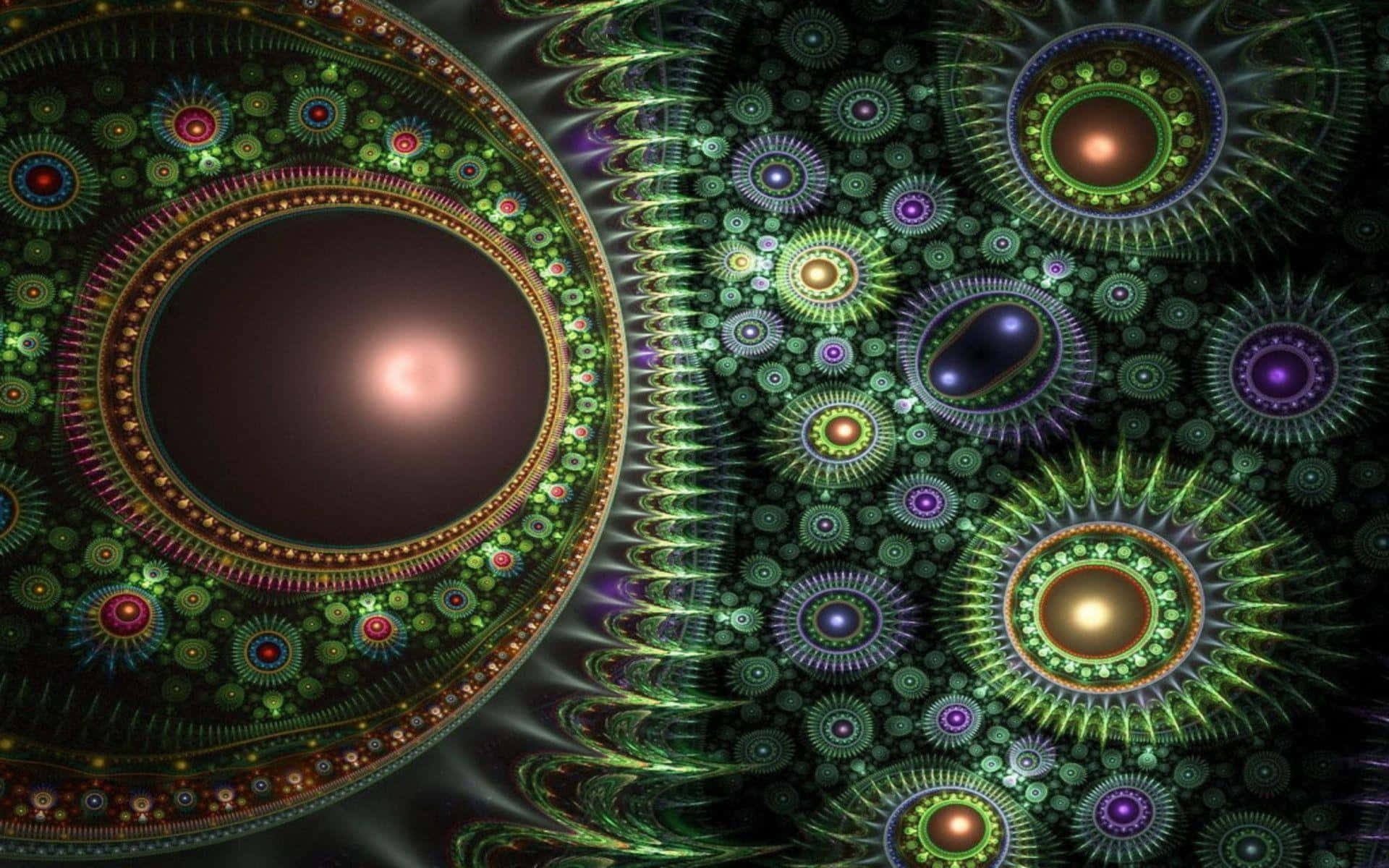 Psychedelic Fractals, glowing green purple and gold circles, central dark orb, Full HD Desktop Wallpaper