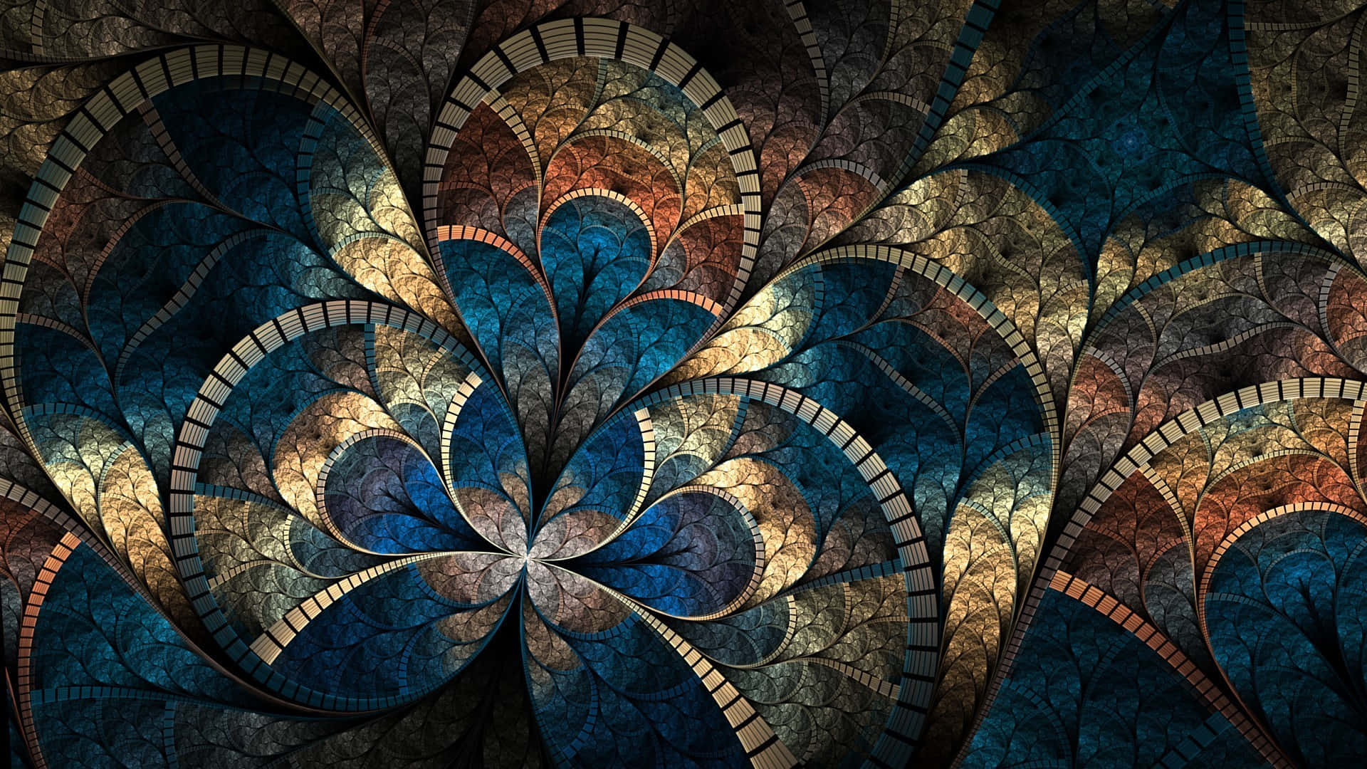 psychedelic fractals, blue, gold, Full HD Desktop Wallpaper