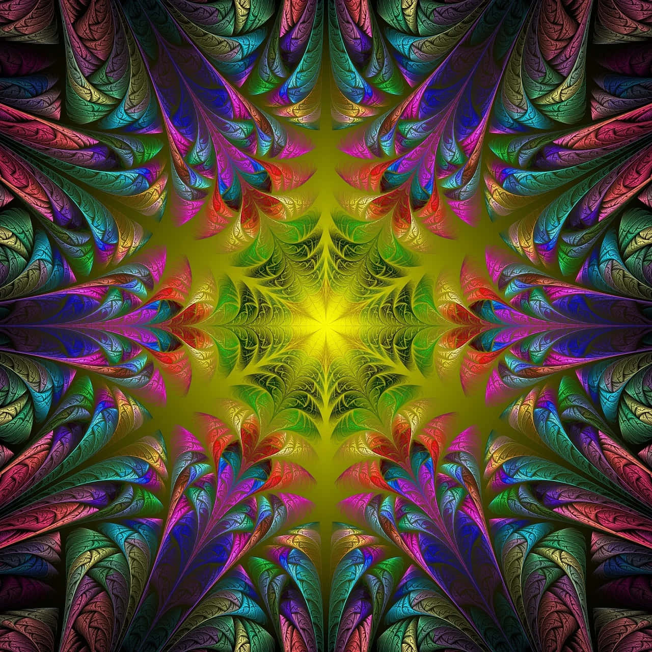 Psychedelic Fractals, glowing yellow center, kaleidoscopic explosion, HD Desktop Wallpaper