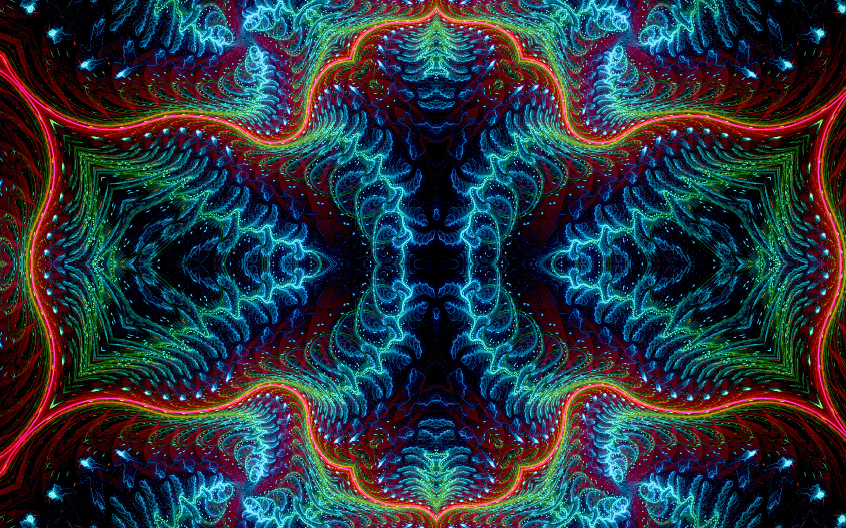 Psychedelic Fractals, neon, symmetrical waves, 2K Desktop Wallpaper