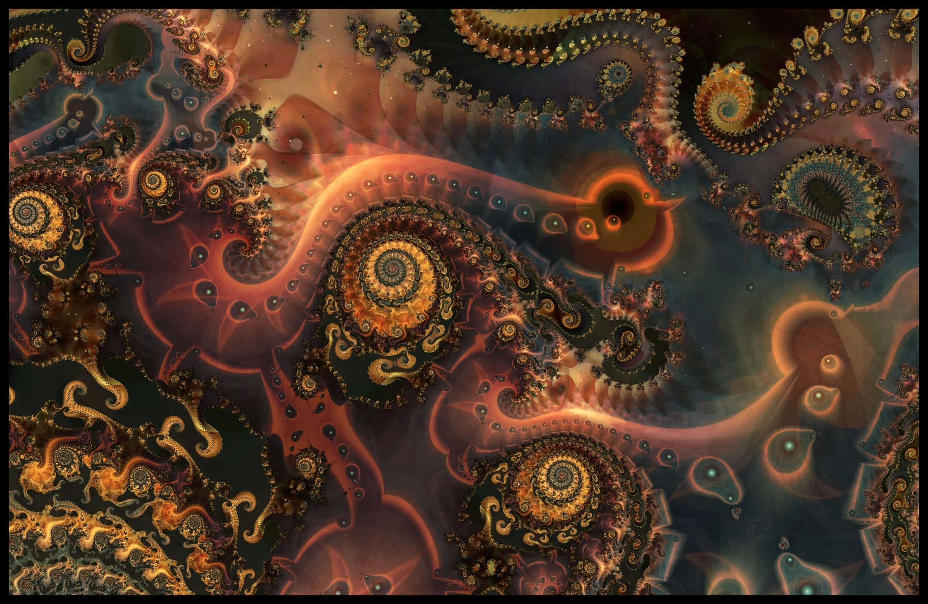 Psychedelic Fractals, fiery orange gold, deep blue, 2K Desktop Wallpaper