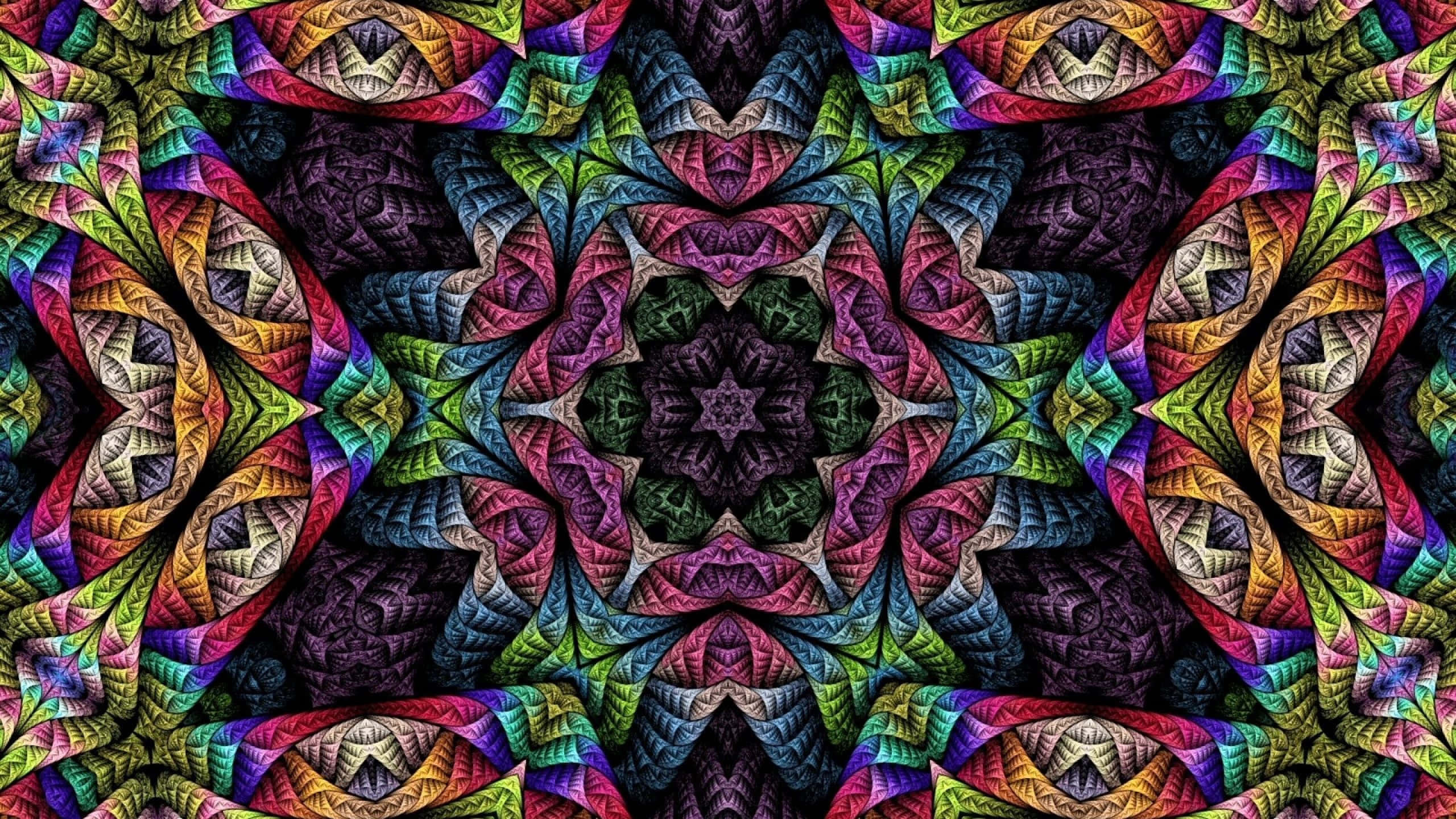 Psychedelic Fractals, kaleidoscopic fractal pattern, symmetrical geometric shapes, 2K Desktop Wallpaper