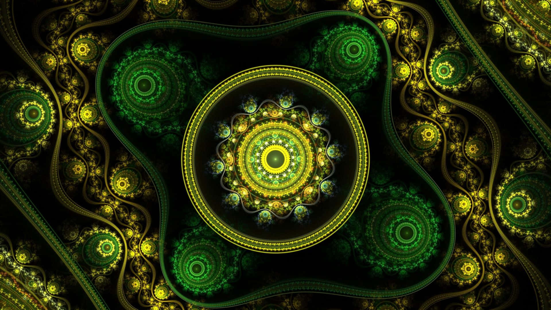 Psychedelic Fractals, glowing green, gold concentric circles, Full HD Desktop Wallpaper