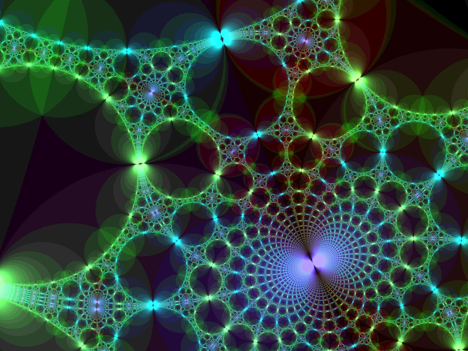 fractal patterns, central vortex, glowing green blue and purple hues, HD Desktop Wallpaper