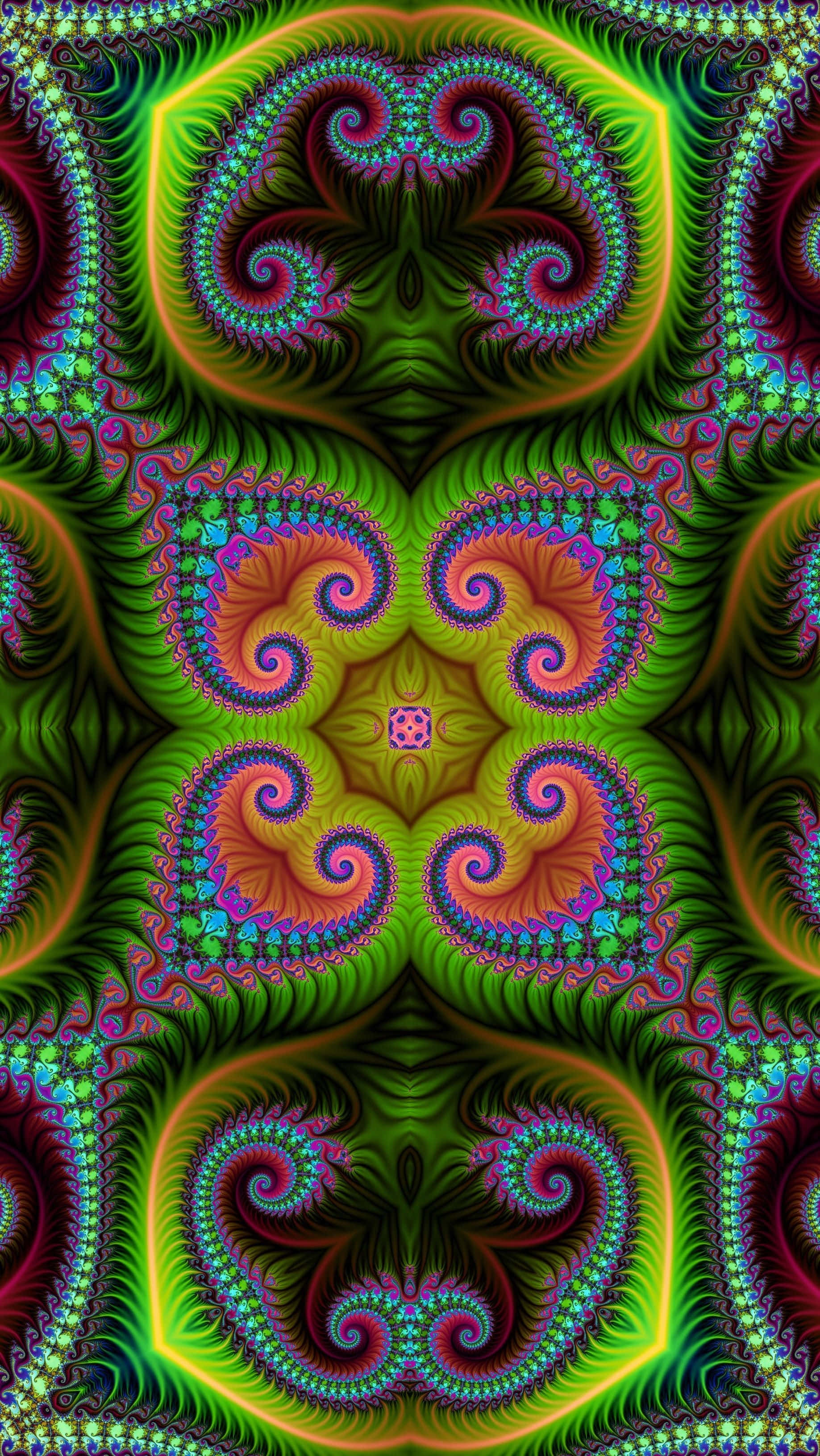 neon fractal patterns, symmetrical kaleidoscope, glowing green orange and purple hues, 2K Phone Wallpaper