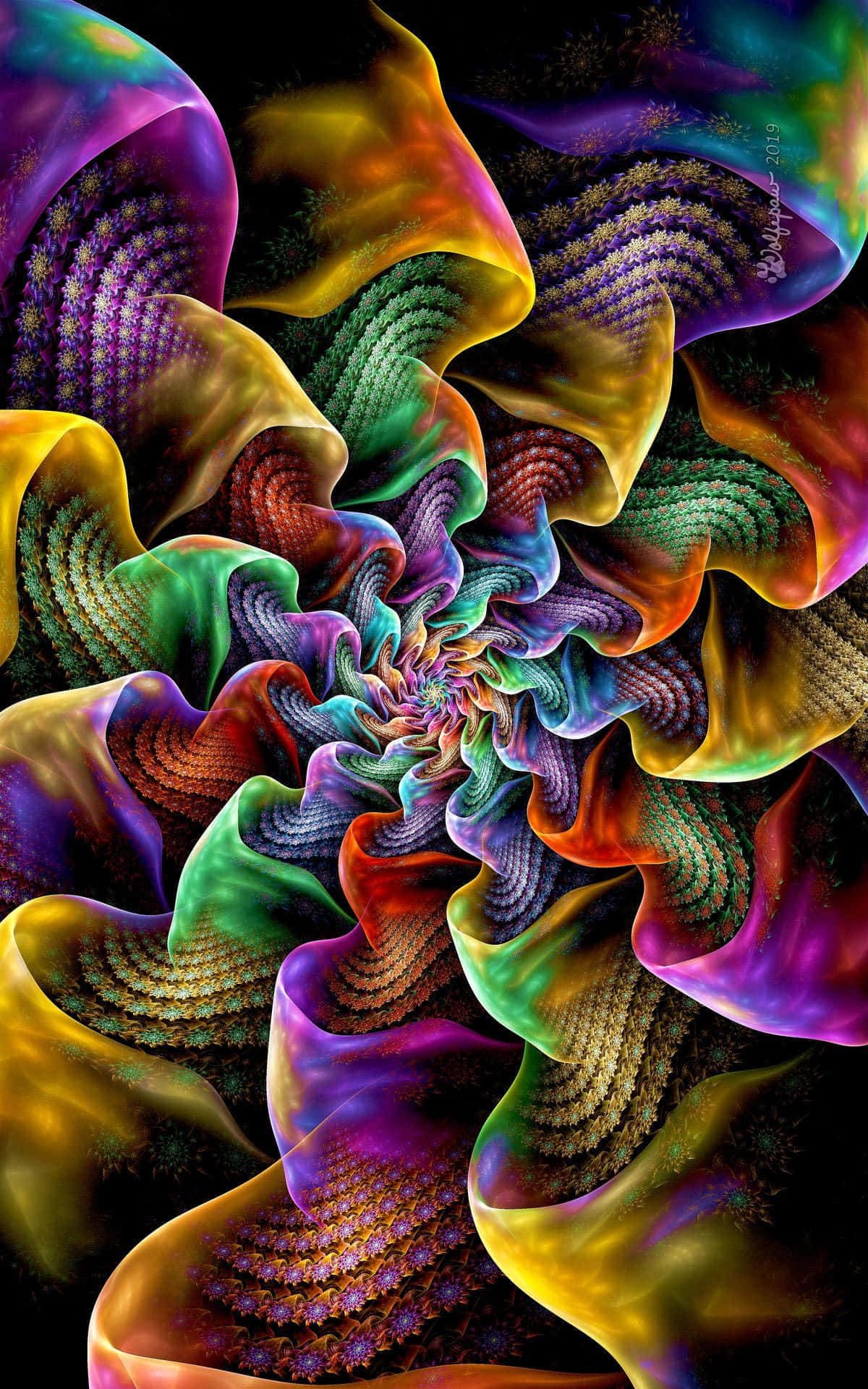 Trippy Fractals, rainbow hues, black background, Full HD Phone Wallpaper