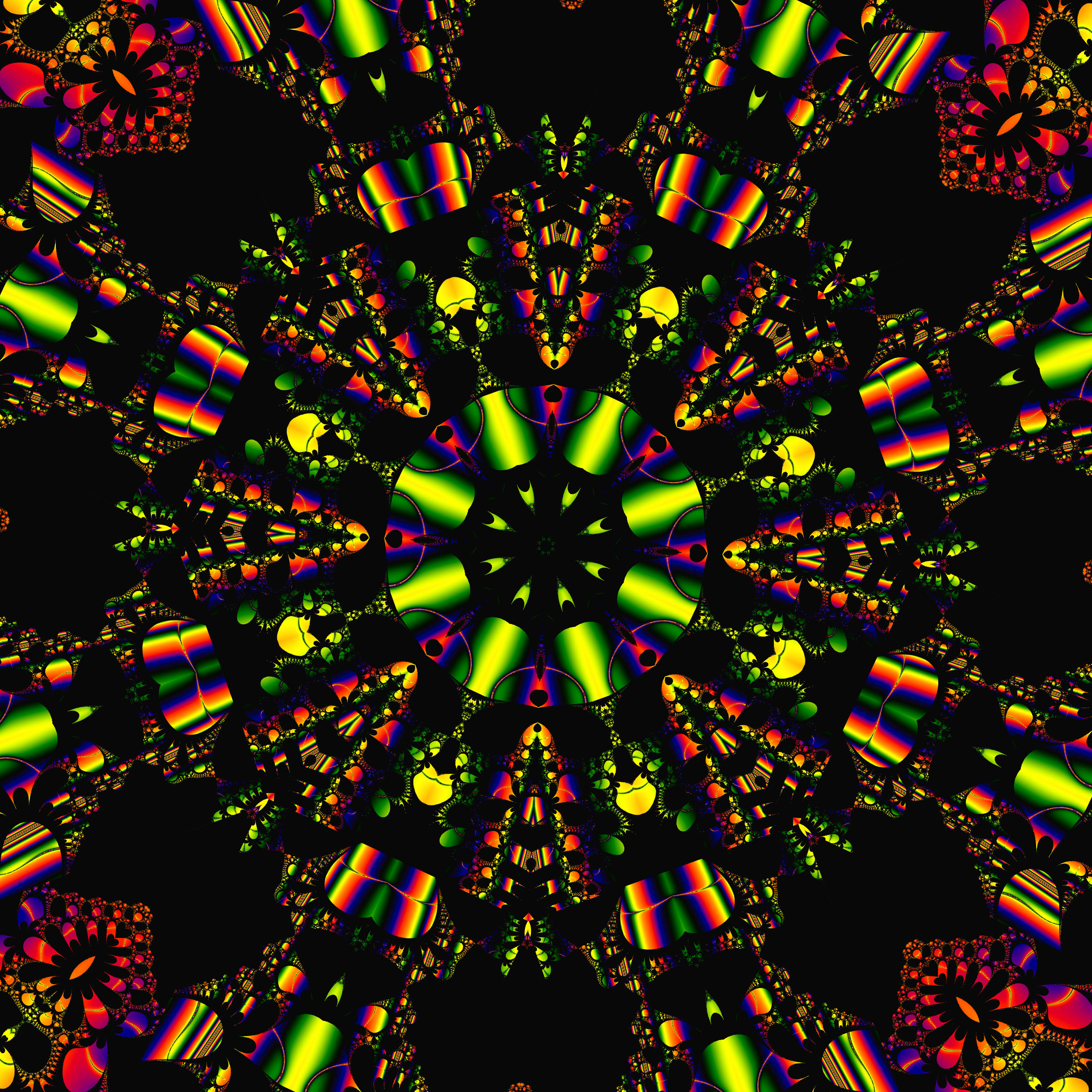 psychedelic kaleidoscope fractal pattern, neon greens, reds, 2K Desktop Wallpaper