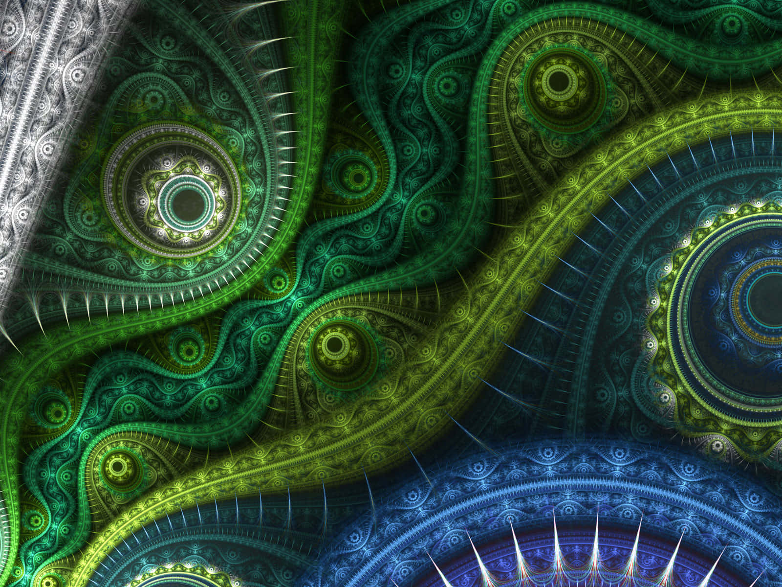 vibrant green, blue fractal patterns, intricate circular designs, HD Desktop Wallpaper