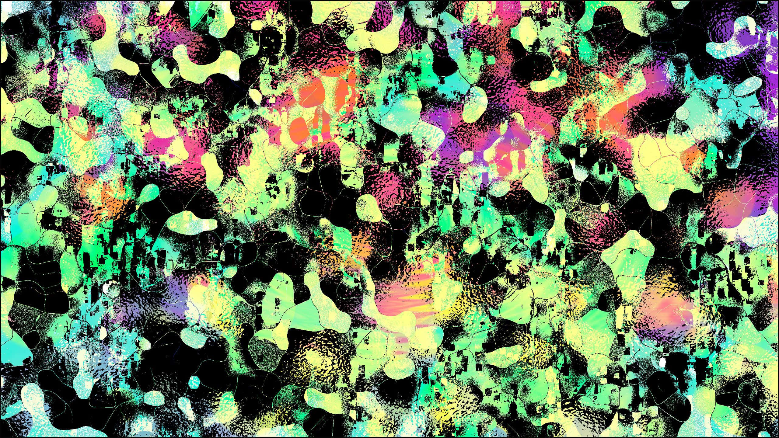 trippy fractals, neon splashes of green pink and purple, dark textured background, 2K Desktop Wallpaper
