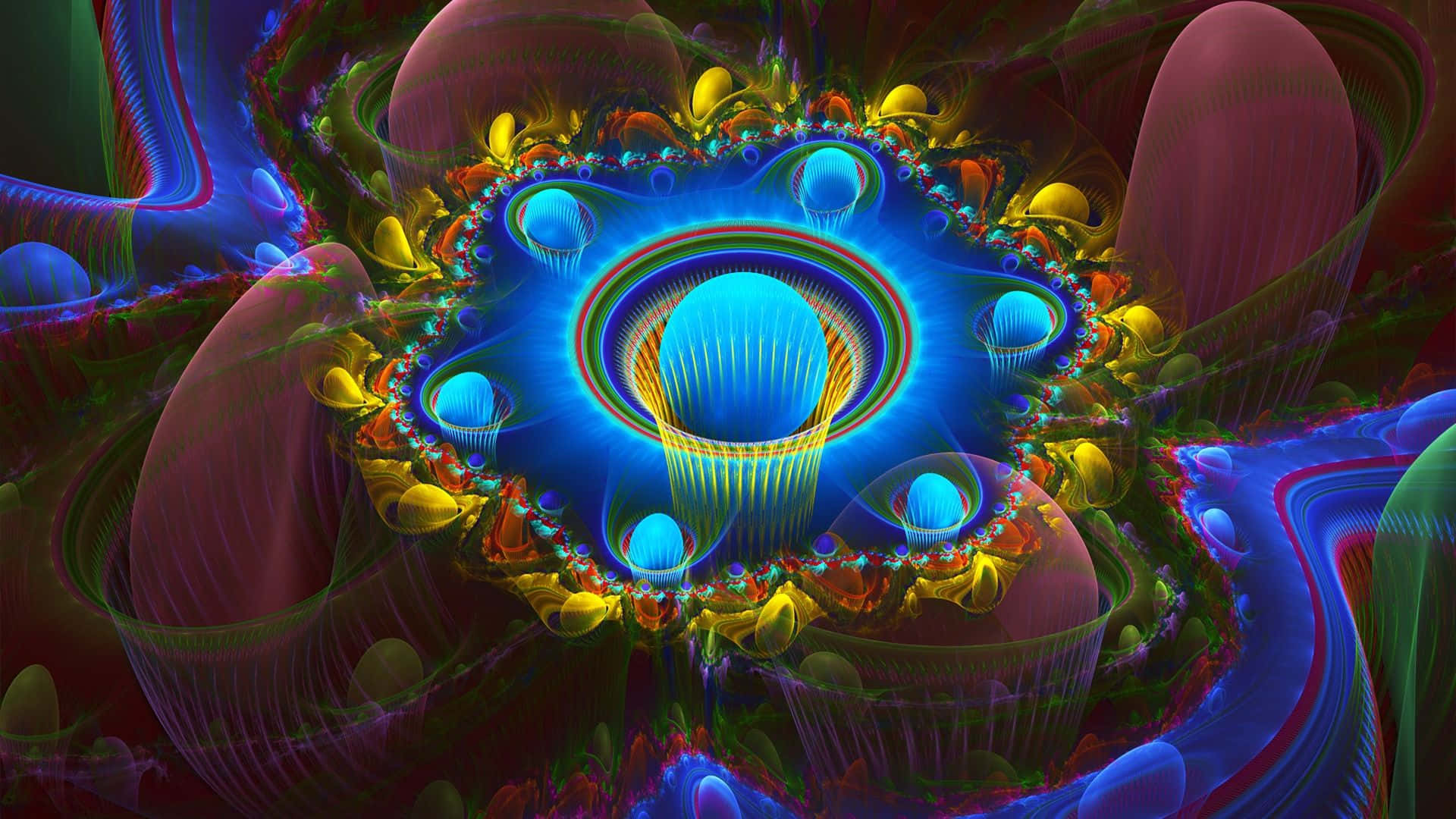 Neon Psychedelic Fractals, vibrant blue, swirling magenta, Full HD Desktop Wallpaper