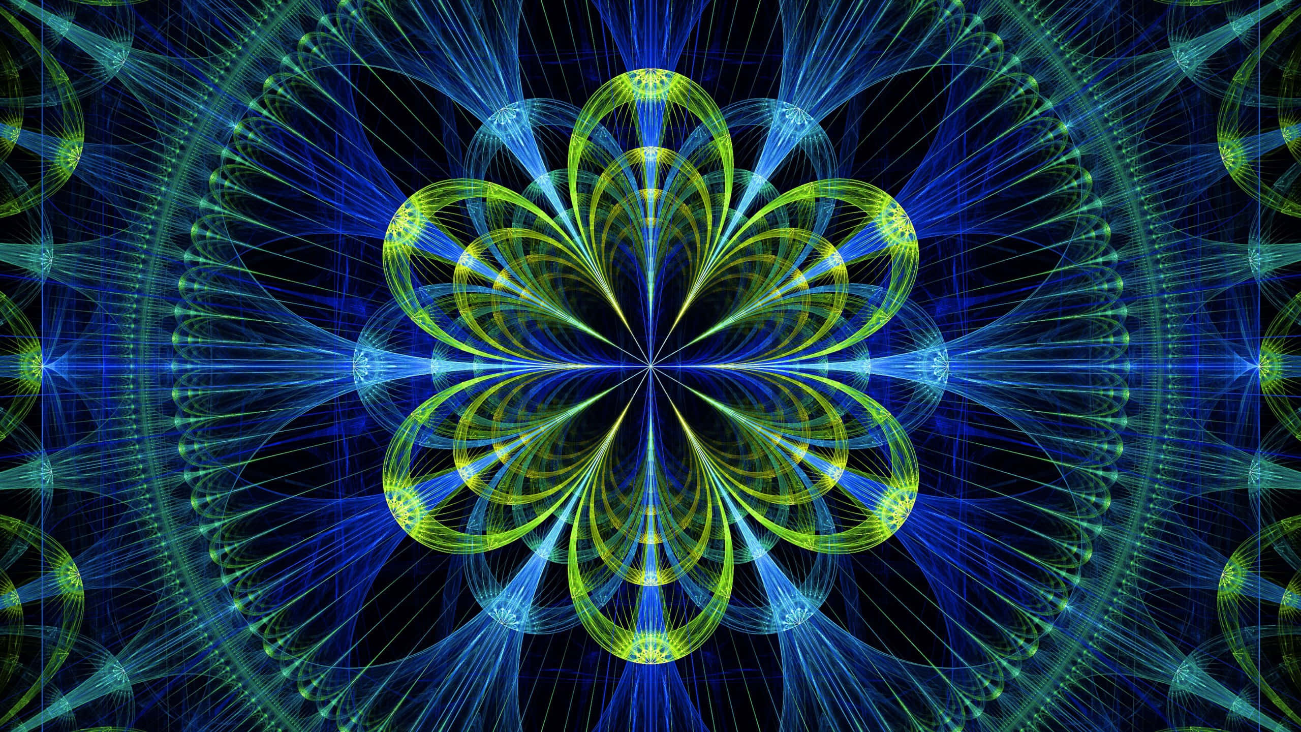 Psychedelic Fractals, radiant blue, green fractal mandala, 2K Desktop Wallpaper