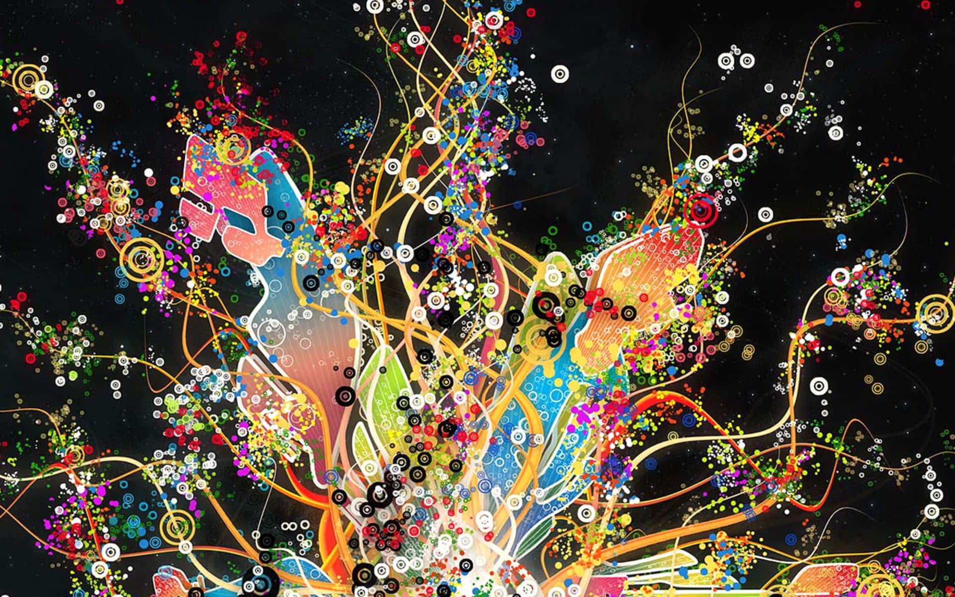 Psychedelic Fractal Patterns, vibrant abstract swirls of color and dots, black background, Full HD Desktop Wallpaper