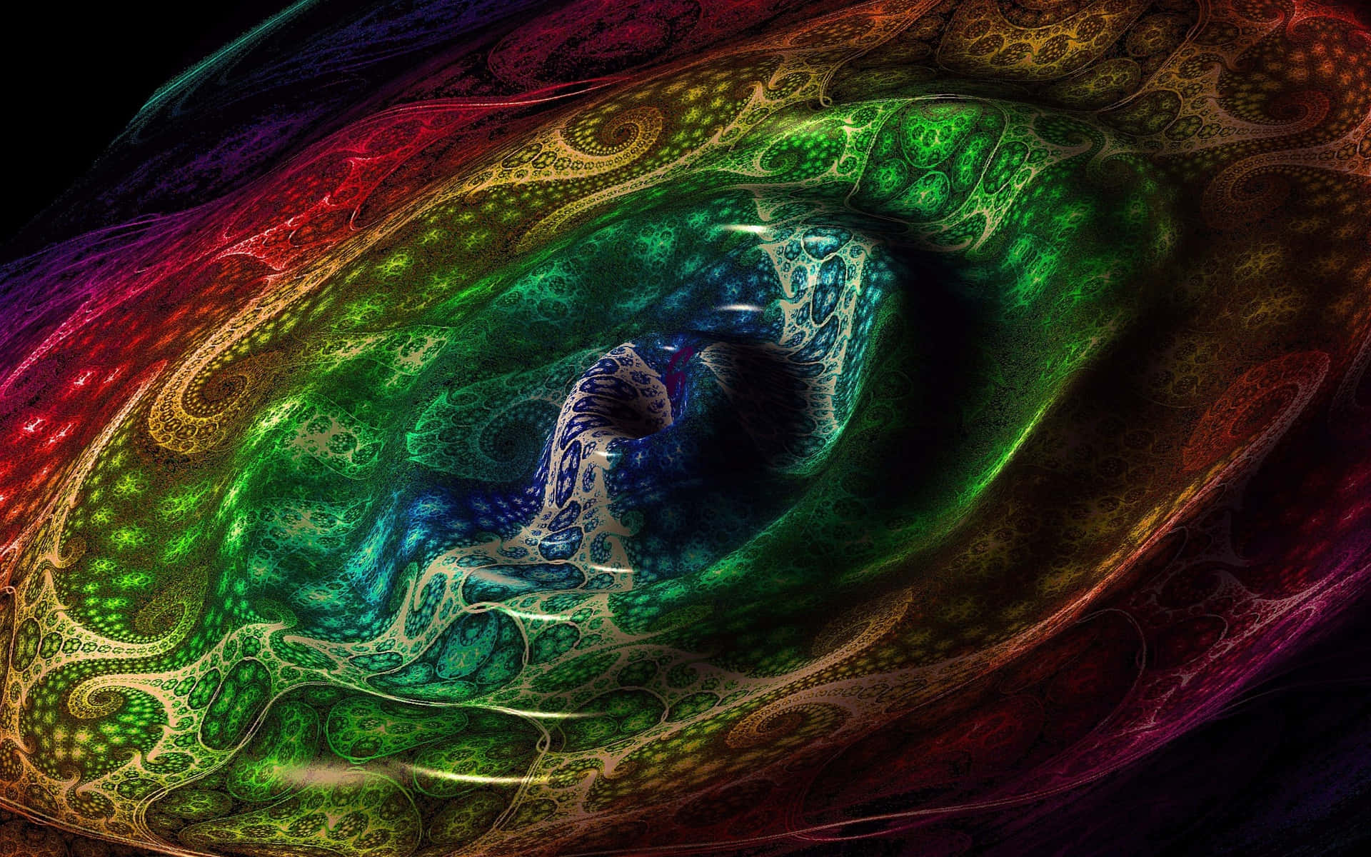 triptych fractals, vibrant green blue and red patterns, abstract cosmic eye, Full HD Desktop Wallpaper