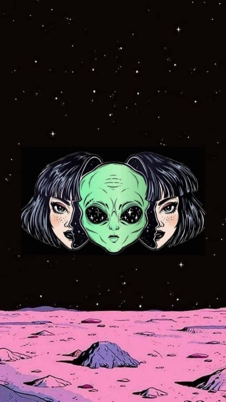 Psychedelic Grunge, three-headed alien, human faces, HD Phone Wallpaper