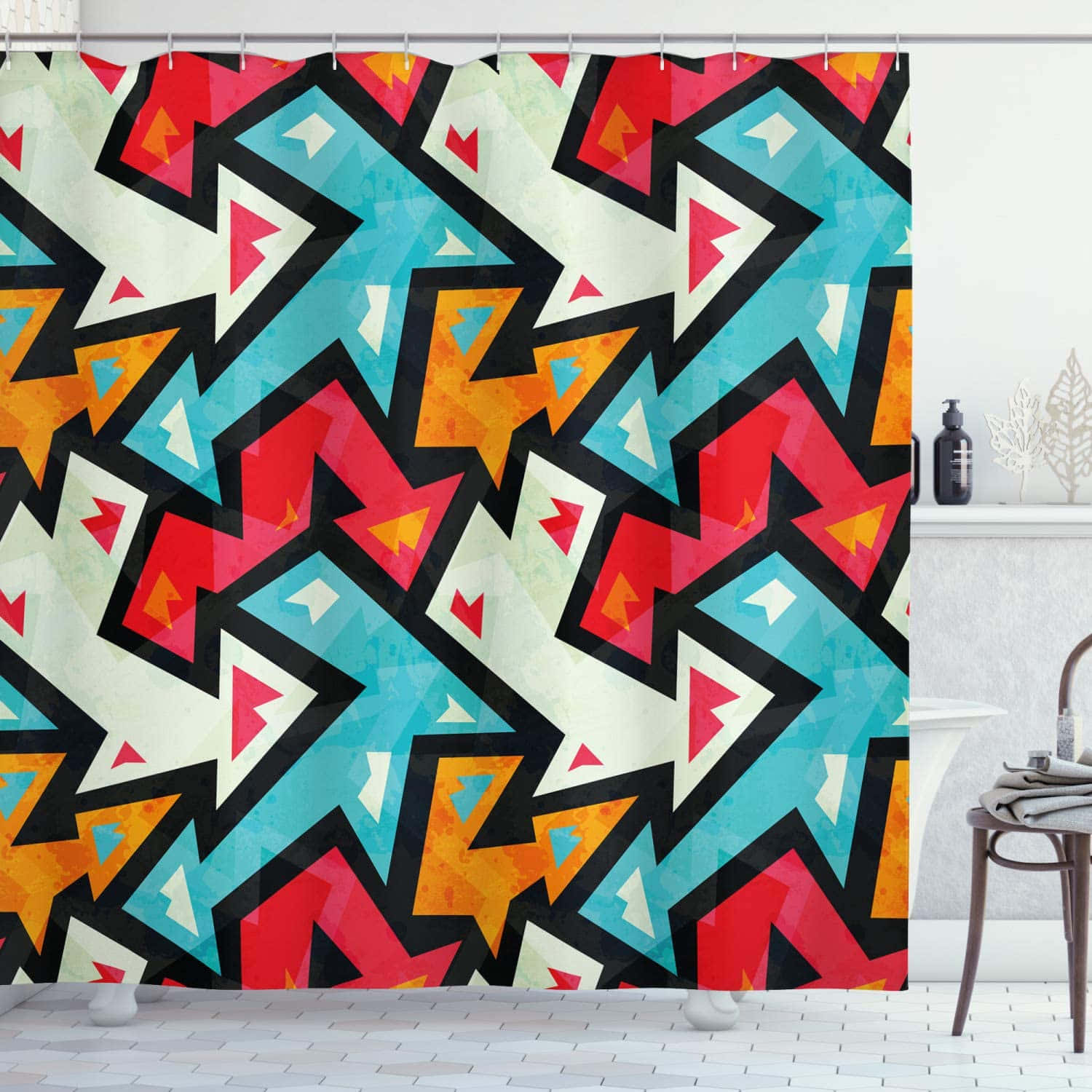 Psychedelic Grunge, geometric shower curtain, bold red orange and teal arrows, HD Desktop Wallpaper