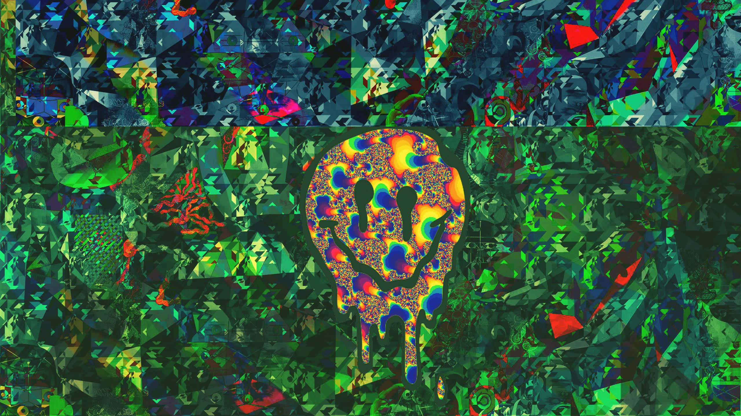 Psychedelic Grunge, rainbow-hued smiley face, fragmented green and blue geometric background, 2K Desktop Wallpaper