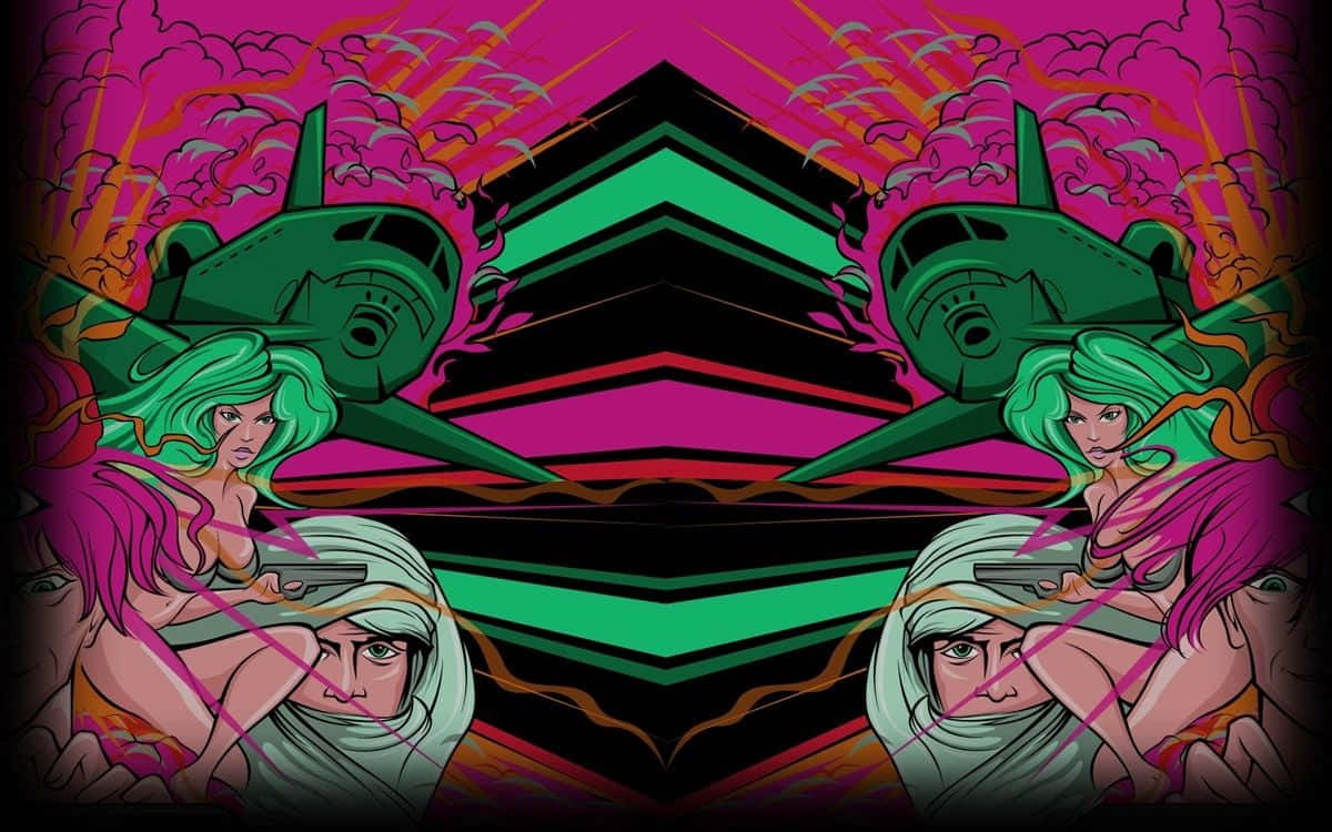Psychedelic Grunge, mirrored green aircraft, neon hair, SD Desktop Wallpaper