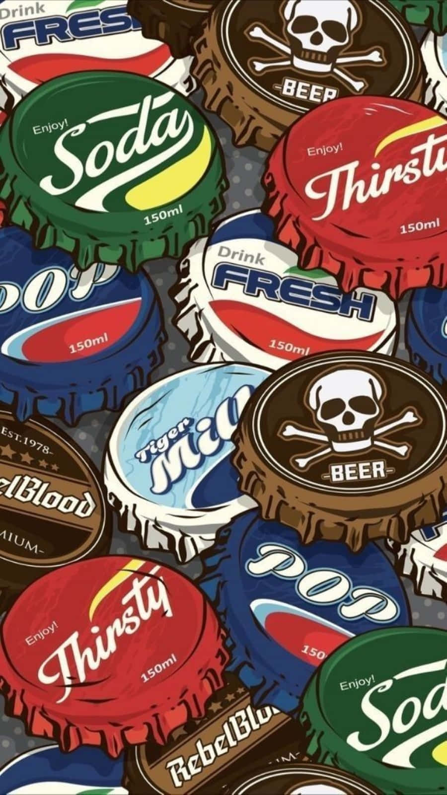 Psychedelic 70s aesthetic, vibrant collage, colorful soda and beer bottle caps, HD Phone Wallpaper